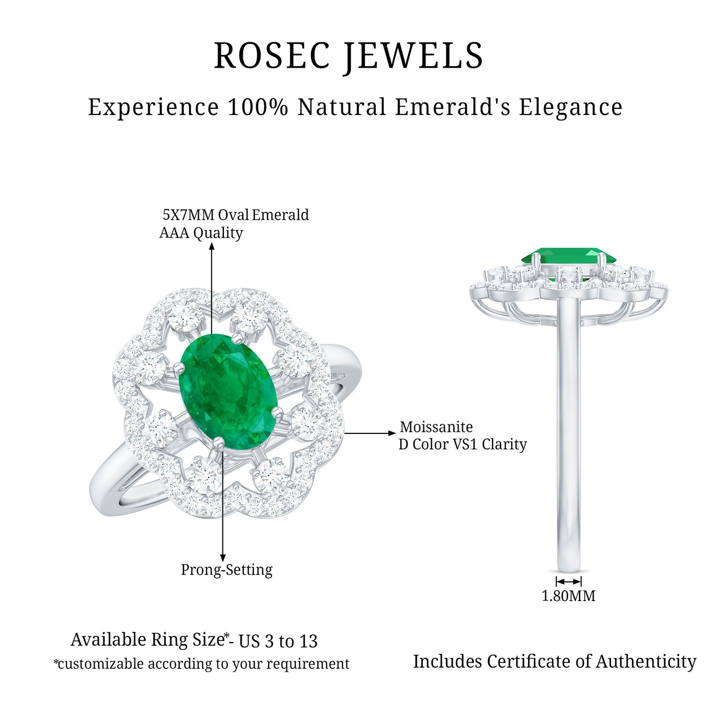 Vintage Looking Oval Emerald Designer Engagement Ring with Moissanite