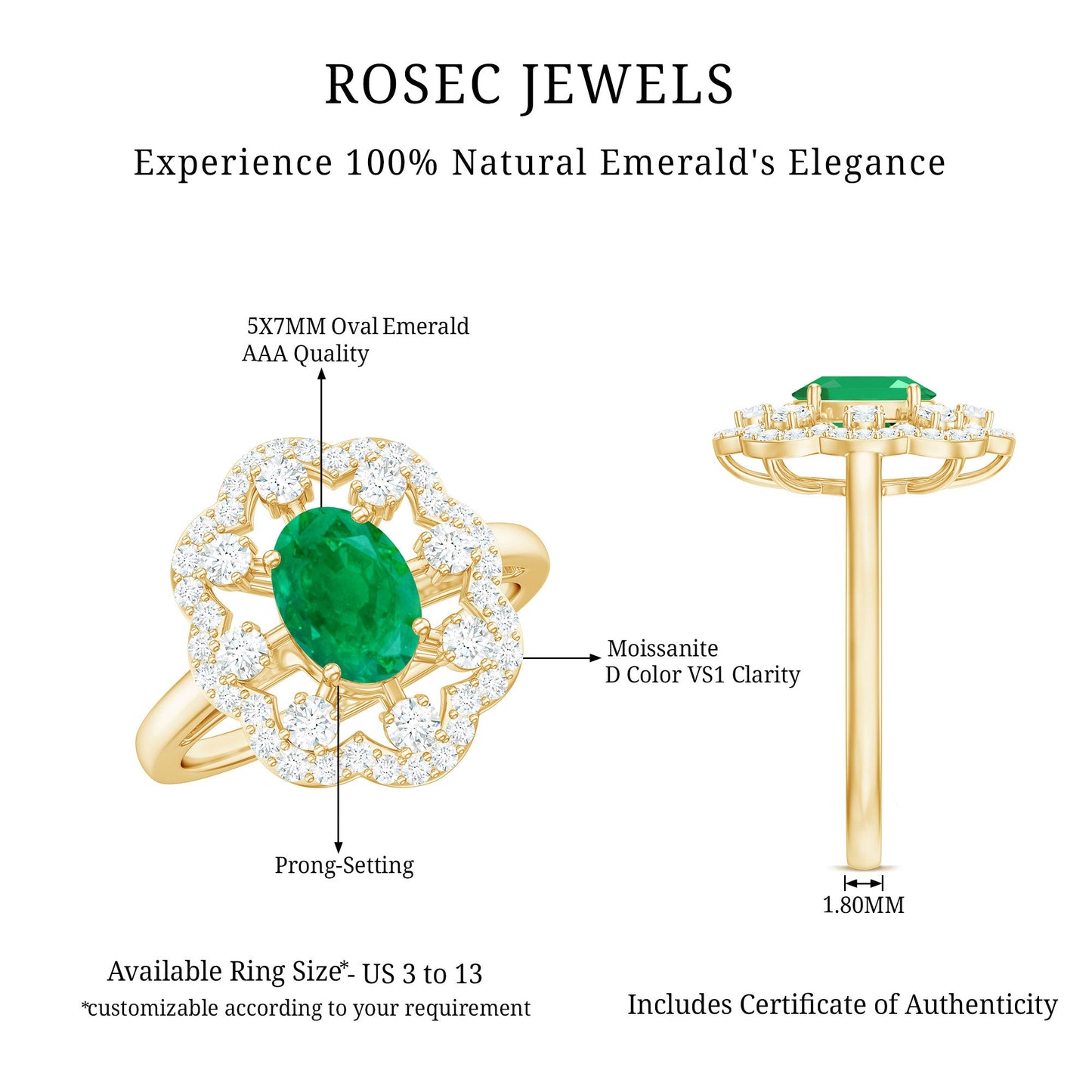 Vintage Looking Oval Emerald Designer Engagement Ring with Moissanite