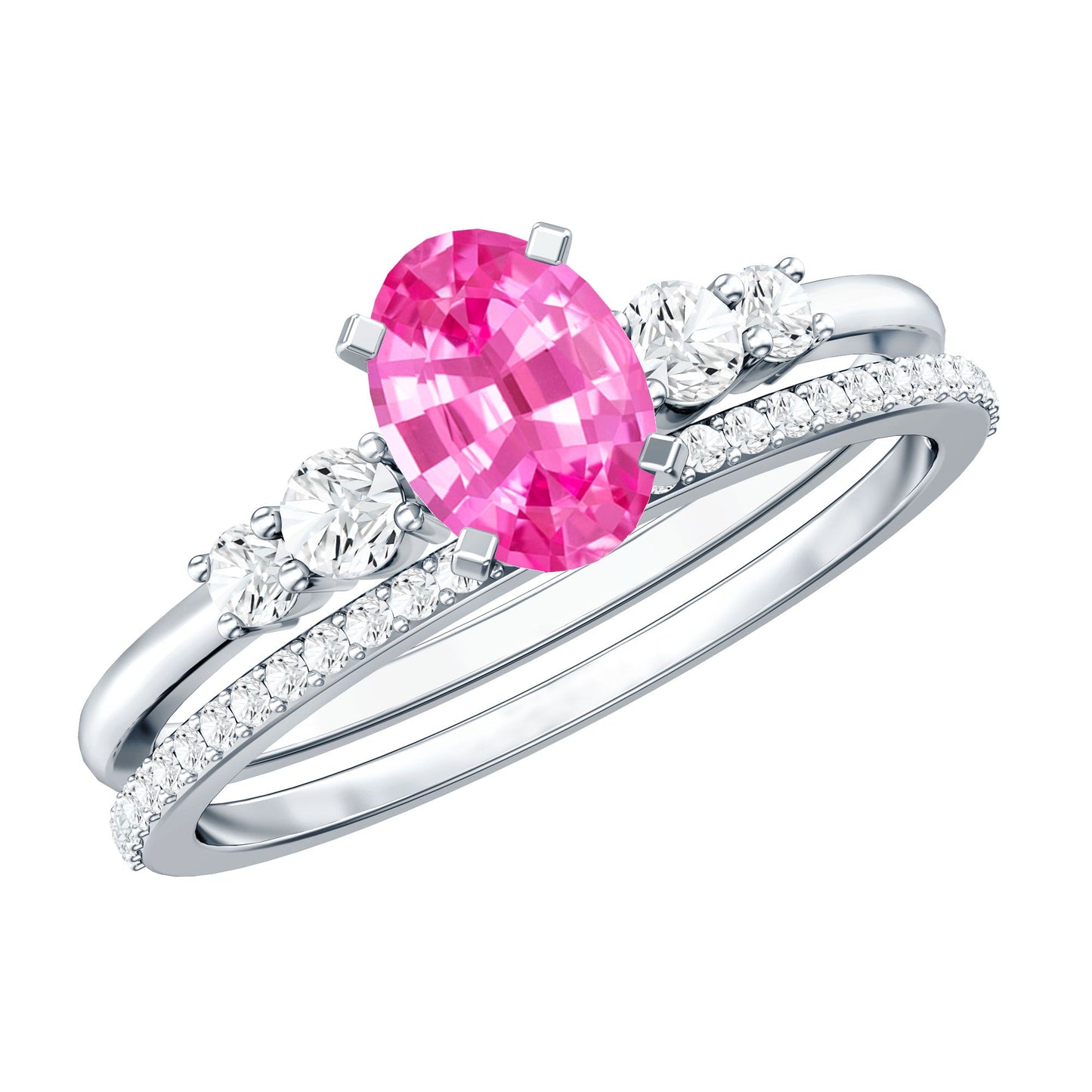 1.50 CT Oval Cut Solitaire Created Pink Sapphire Ring Set with Diamond