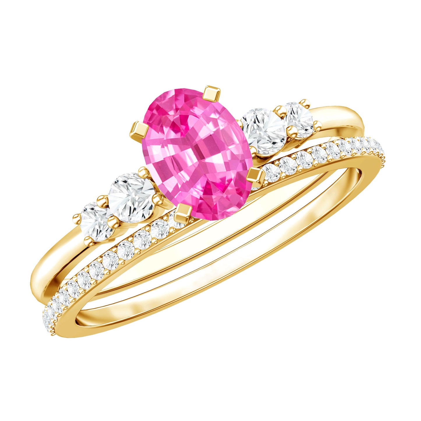 1.50 CT Oval Cut Solitaire Created Pink Sapphire Ring Set with Diamond