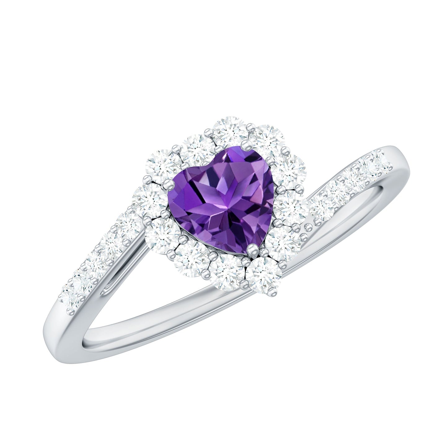1.5 CT Heart Shape Amethyst Bypass Promise Ring with Diamond Halo