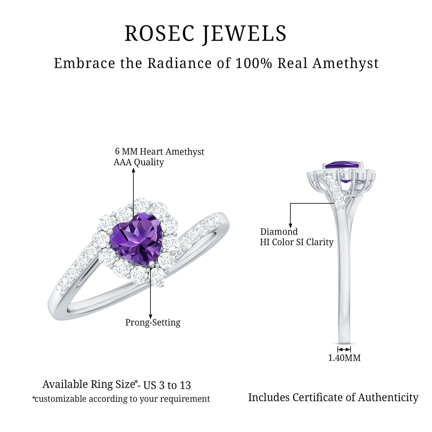 1.5 CT Heart Shape Amethyst Bypass Promise Ring with Diamond Halo