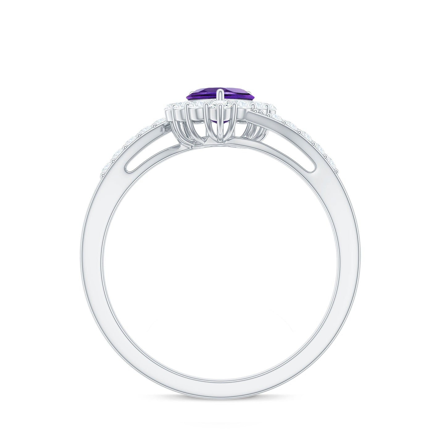 1.5 CT Heart Shape Amethyst Bypass Promise Ring with Diamond Halo