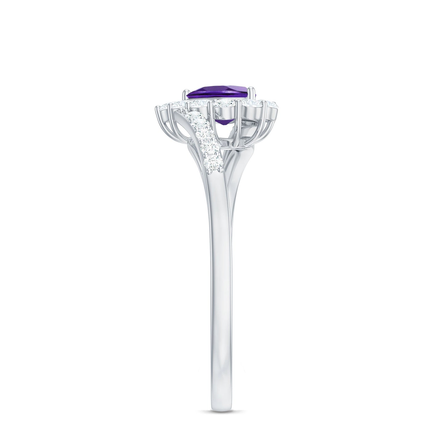 1.5 CT Heart Shape Amethyst Bypass Promise Ring with Diamond Halo
