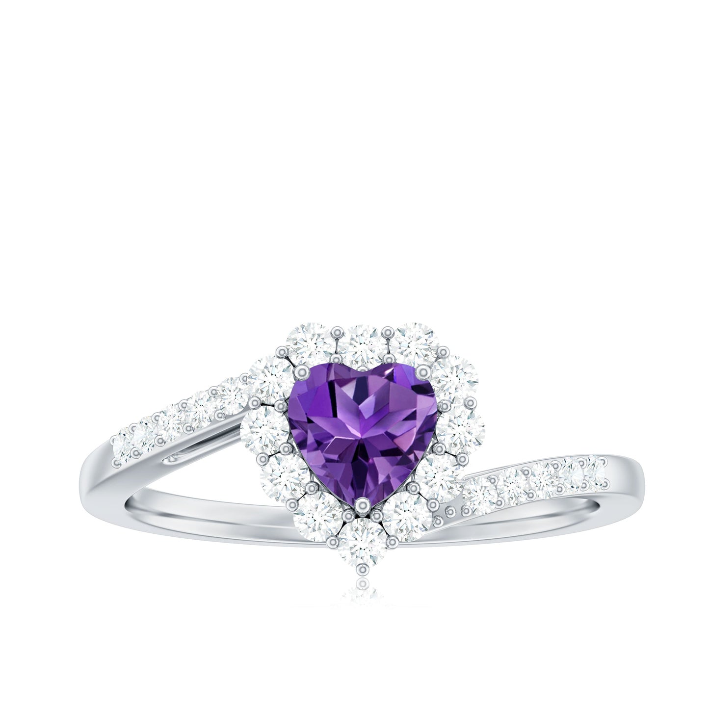 1.5 CT Heart Shape Amethyst Bypass Promise Ring with Diamond Halo