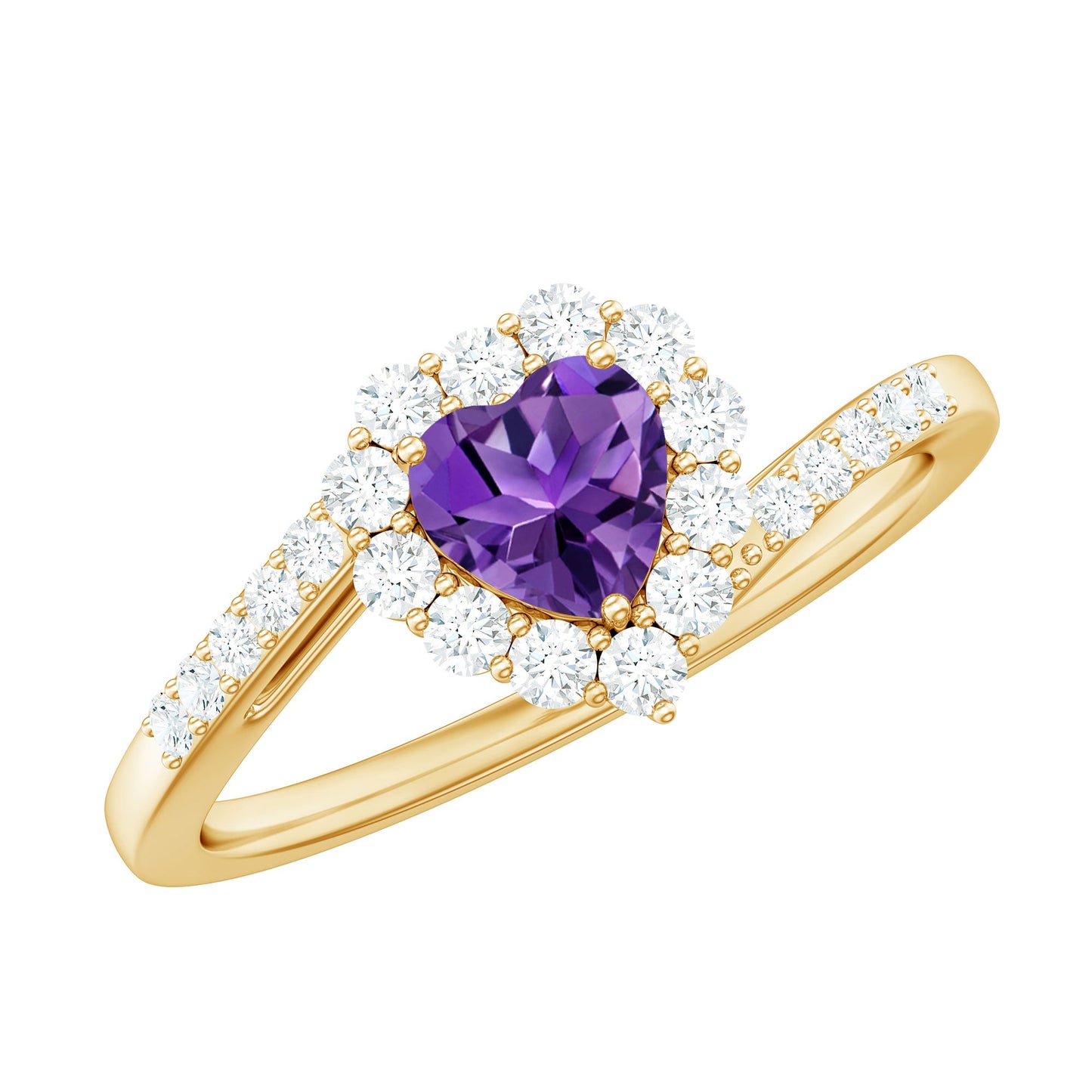 1.5 CT Heart Shape Amethyst Bypass Promise Ring with Diamond Halo