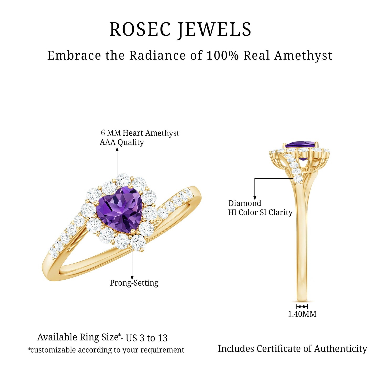 1.5 CT Heart Shape Amethyst Bypass Promise Ring with Diamond Halo