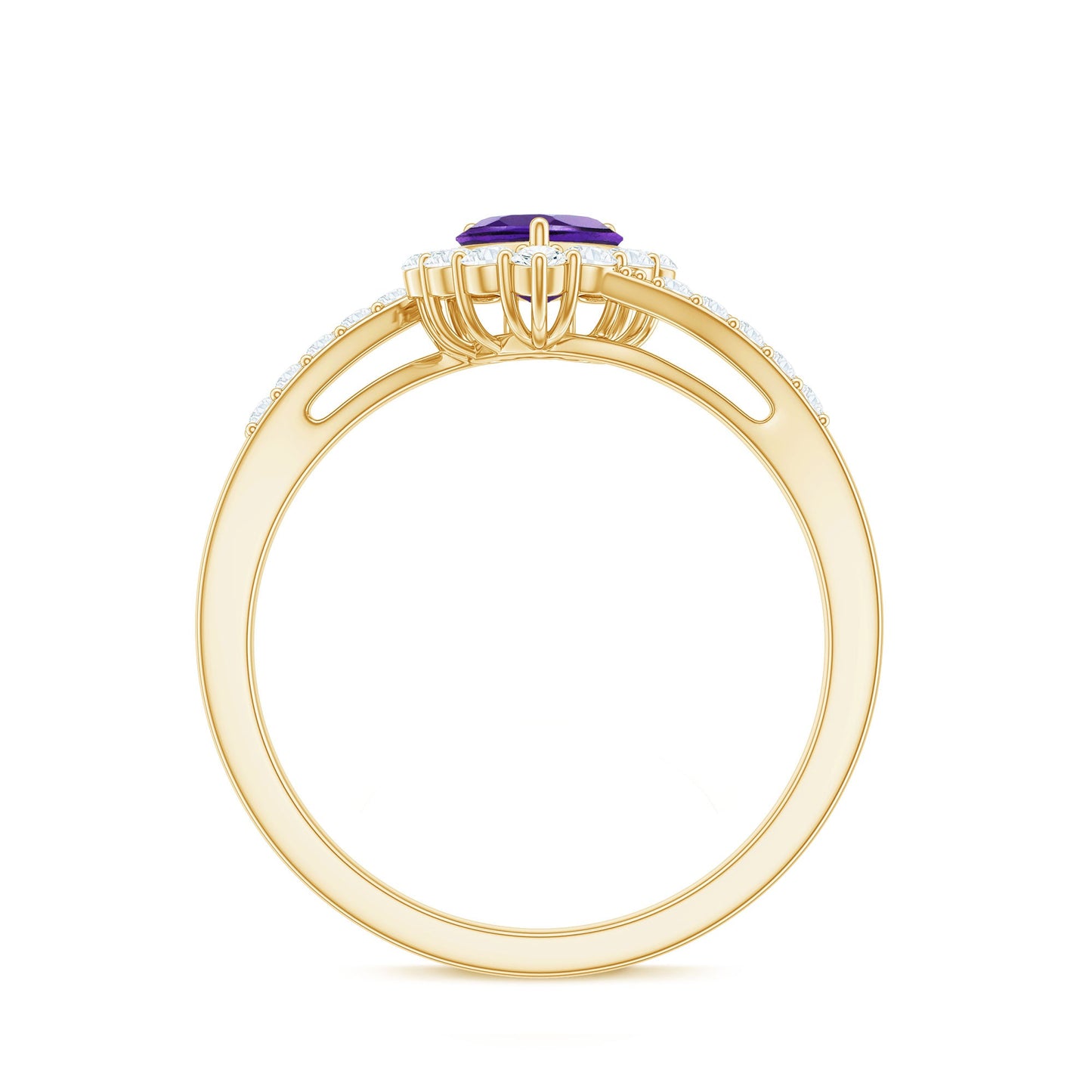 1.5 CT Heart Shape Amethyst Bypass Promise Ring with Diamond Halo