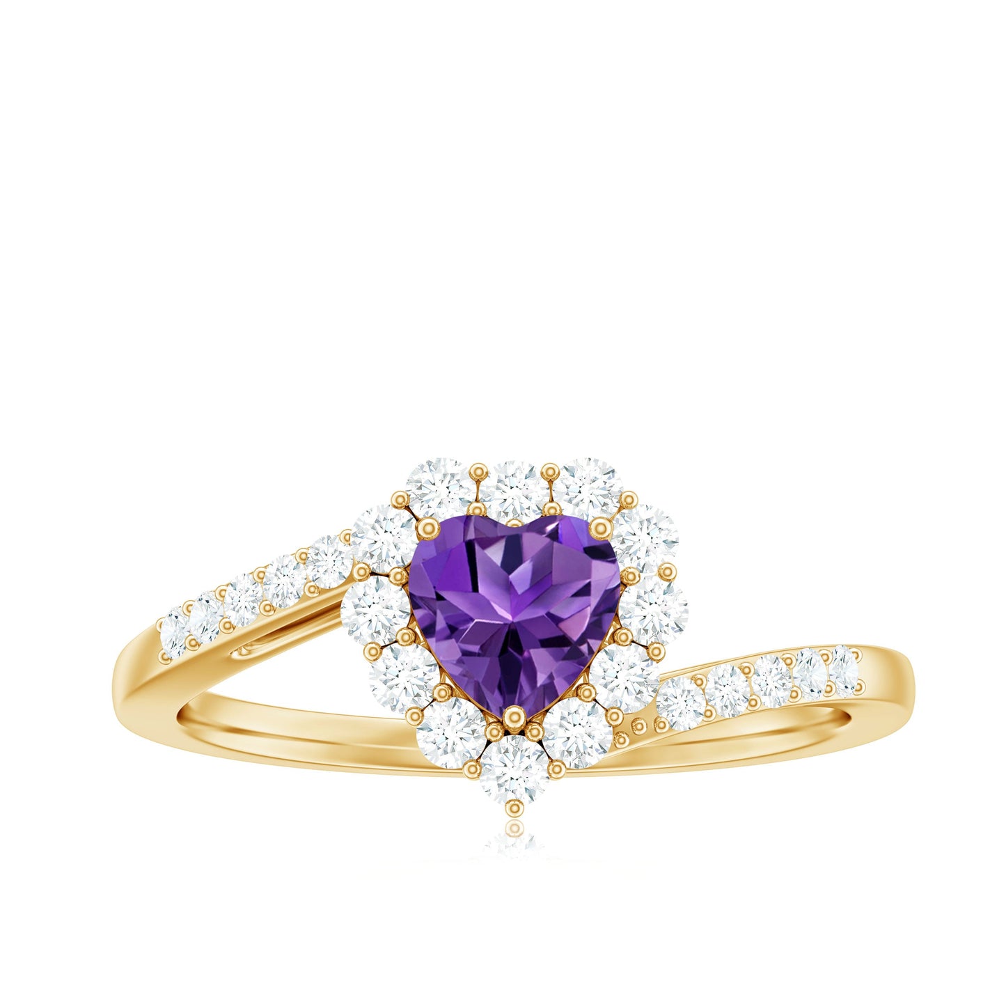 1.5 CT Heart Shape Amethyst Bypass Promise Ring with Diamond Halo