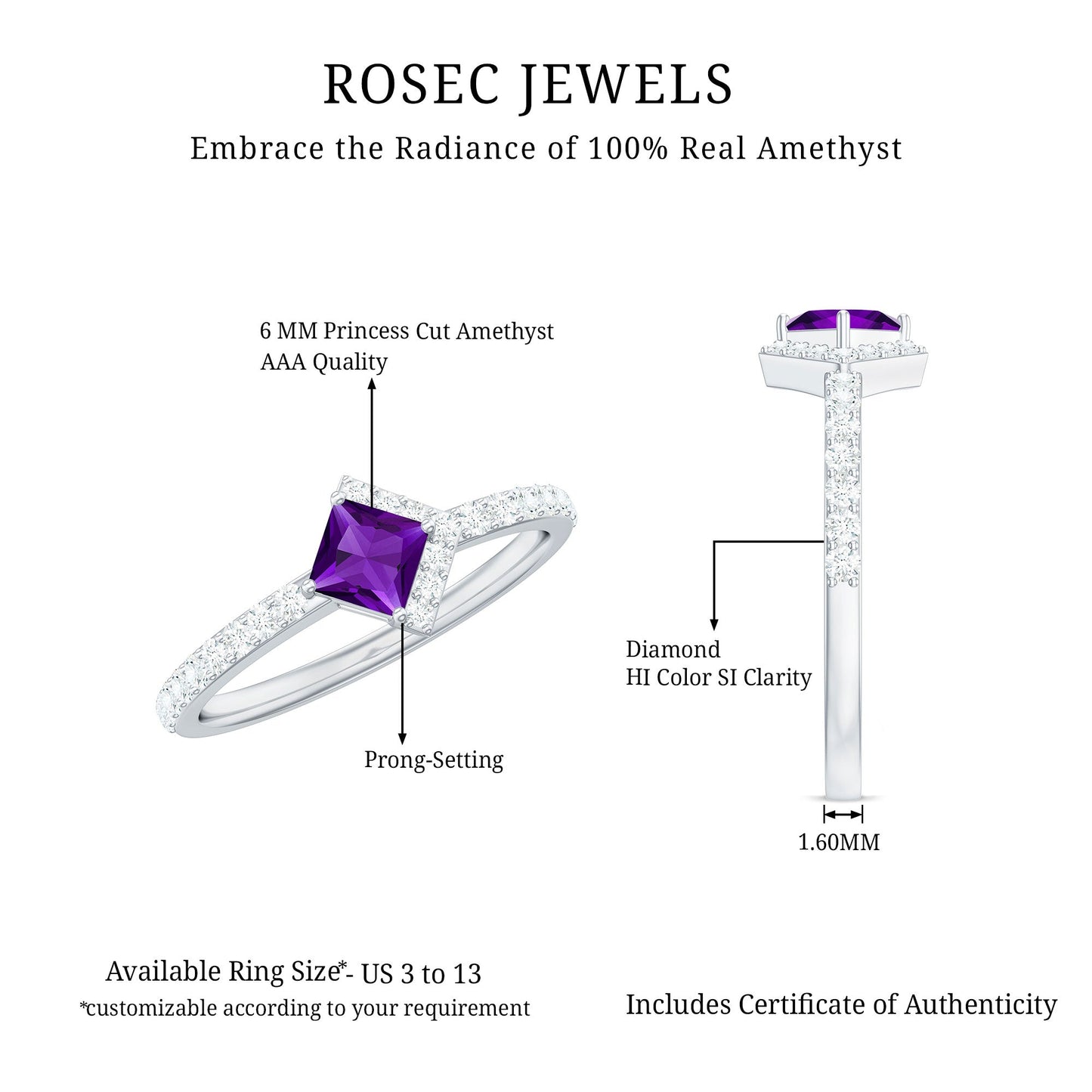 3/4 Ct Princess Amethyst Half Halo Promise Ring with Diamond
