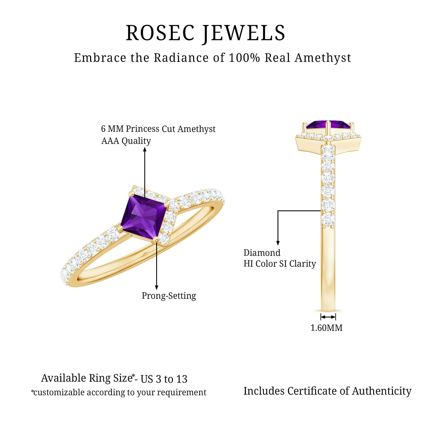 3/4 Ct Princess Amethyst Half Halo Promise Ring with Diamond