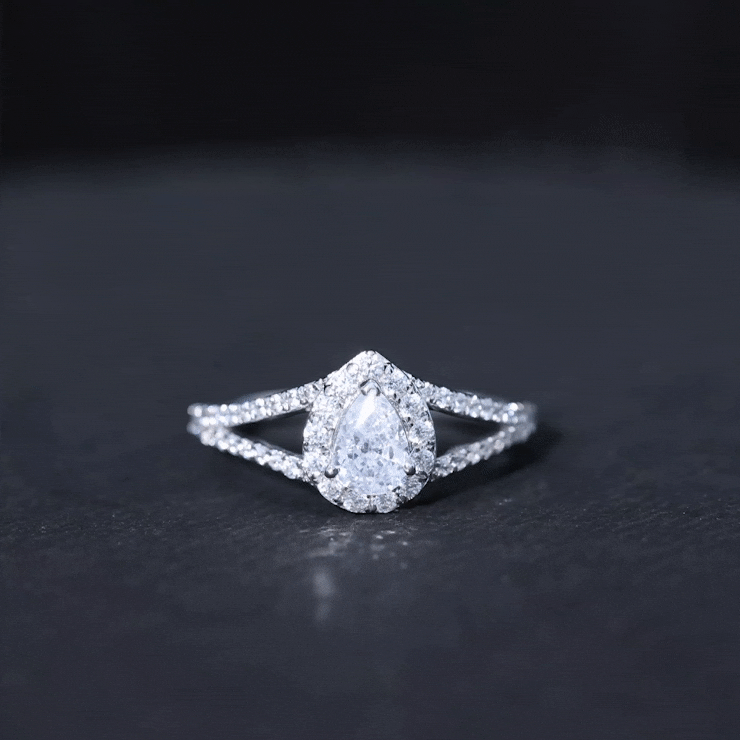 Pear Shape Cubic Zirconia Halo Engagement Ring in Split Shank
