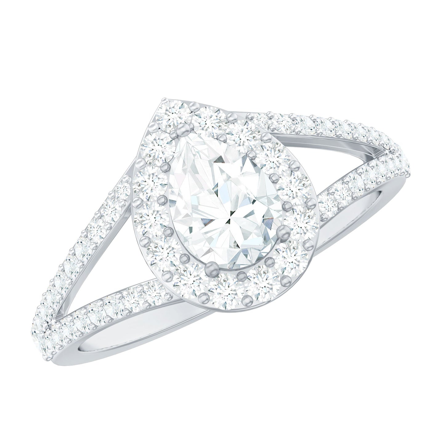 Pear Shape Cubic Zirconia Halo Engagement Ring in Split Shank