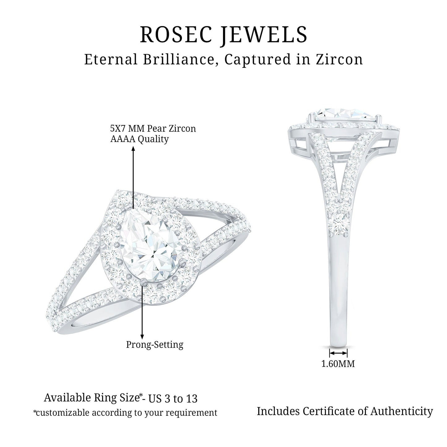 Pear Shape Cubic Zirconia Halo Engagement Ring in Split Shank