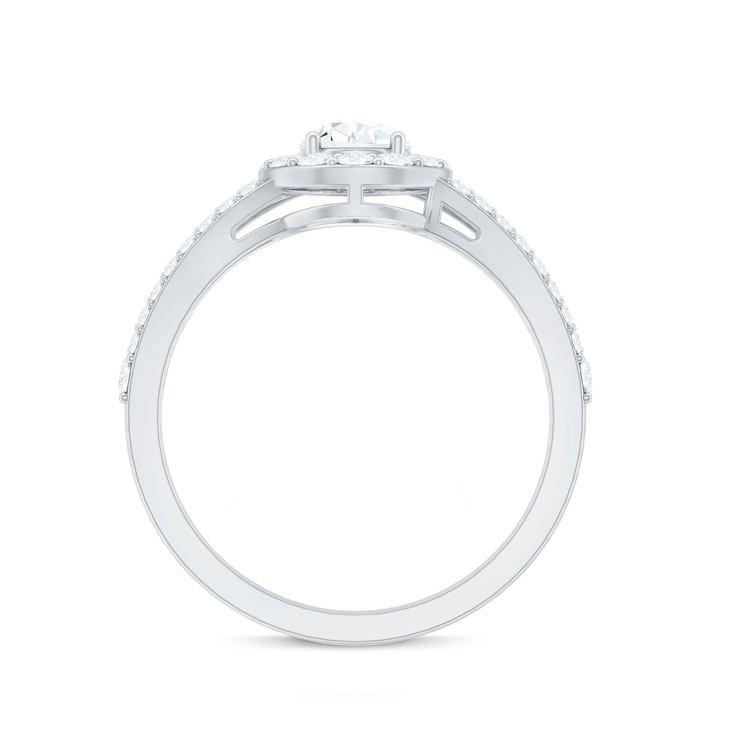 Pear Shape Cubic Zirconia Halo Engagement Ring in Split Shank
