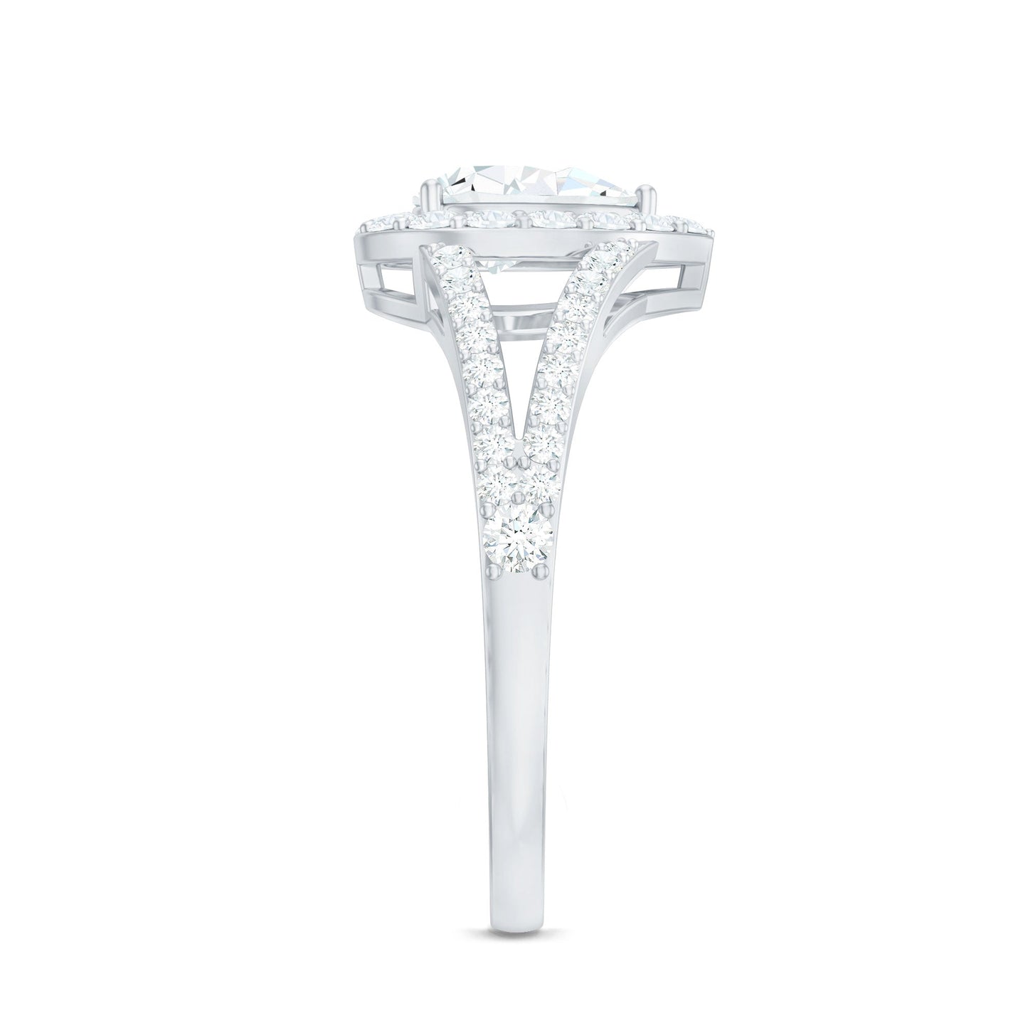 Pear Shape Cubic Zirconia Halo Engagement Ring in Split Shank