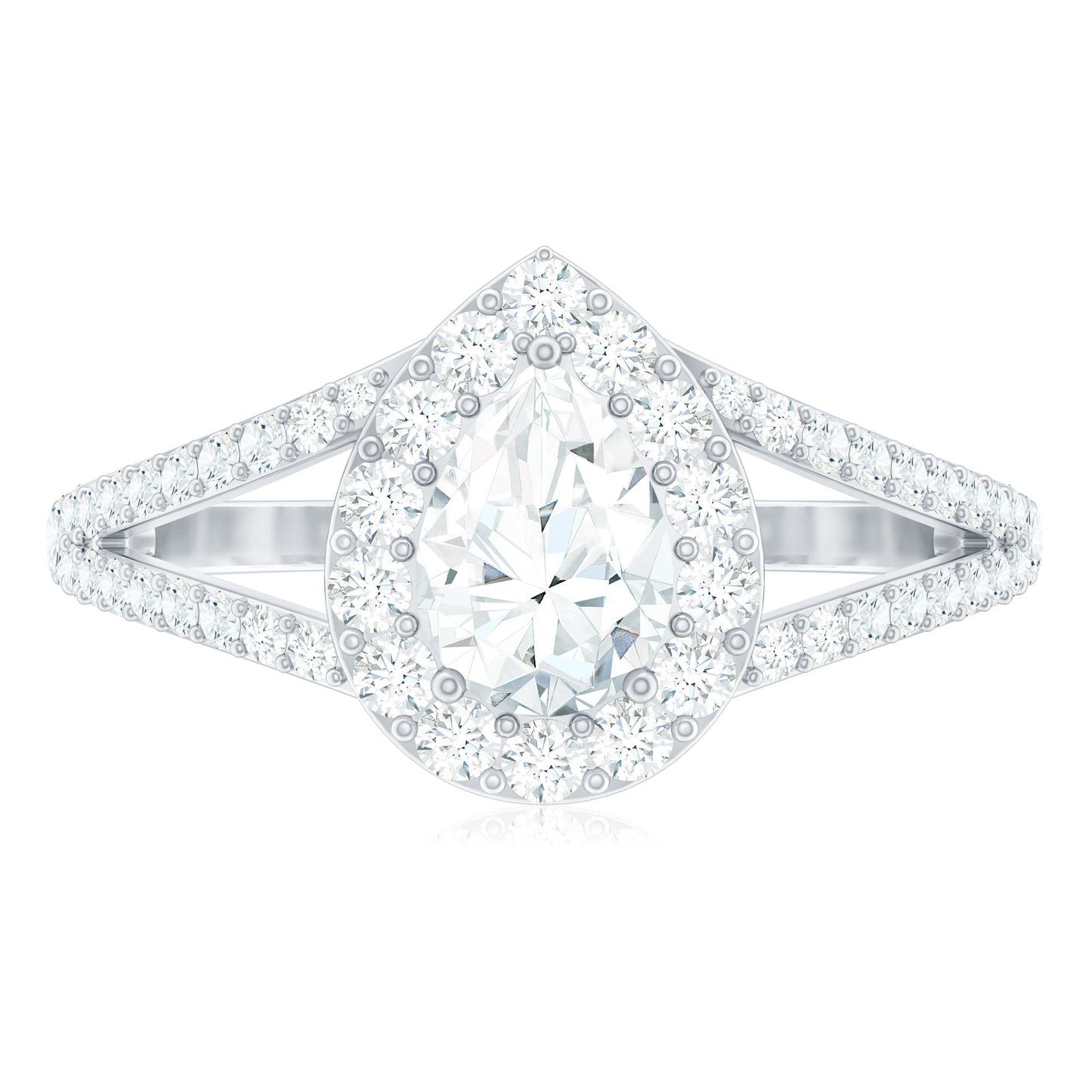 Pear Shape Cubic Zirconia Halo Engagement Ring in Split Shank