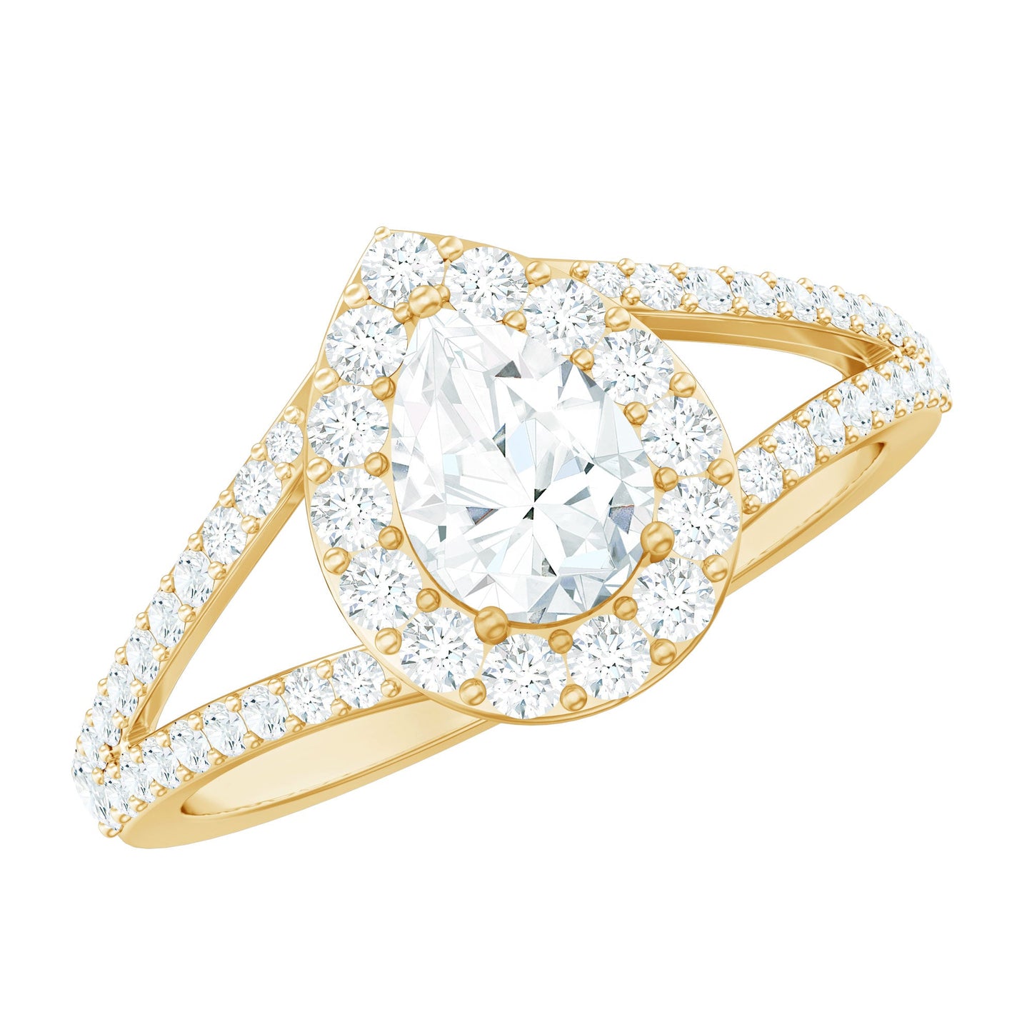 Pear Shape Cubic Zirconia Halo Engagement Ring in Split Shank