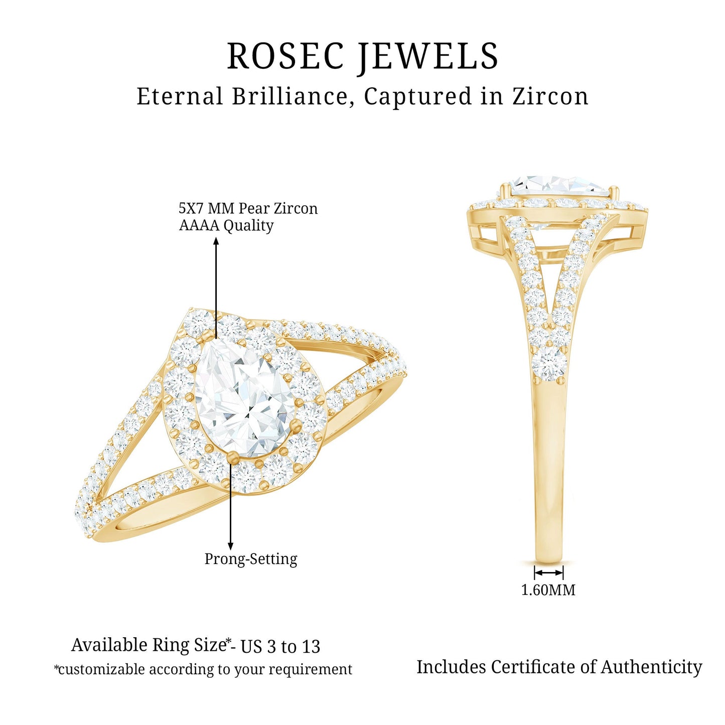 Pear Shape Cubic Zirconia Halo Engagement Ring in Split Shank