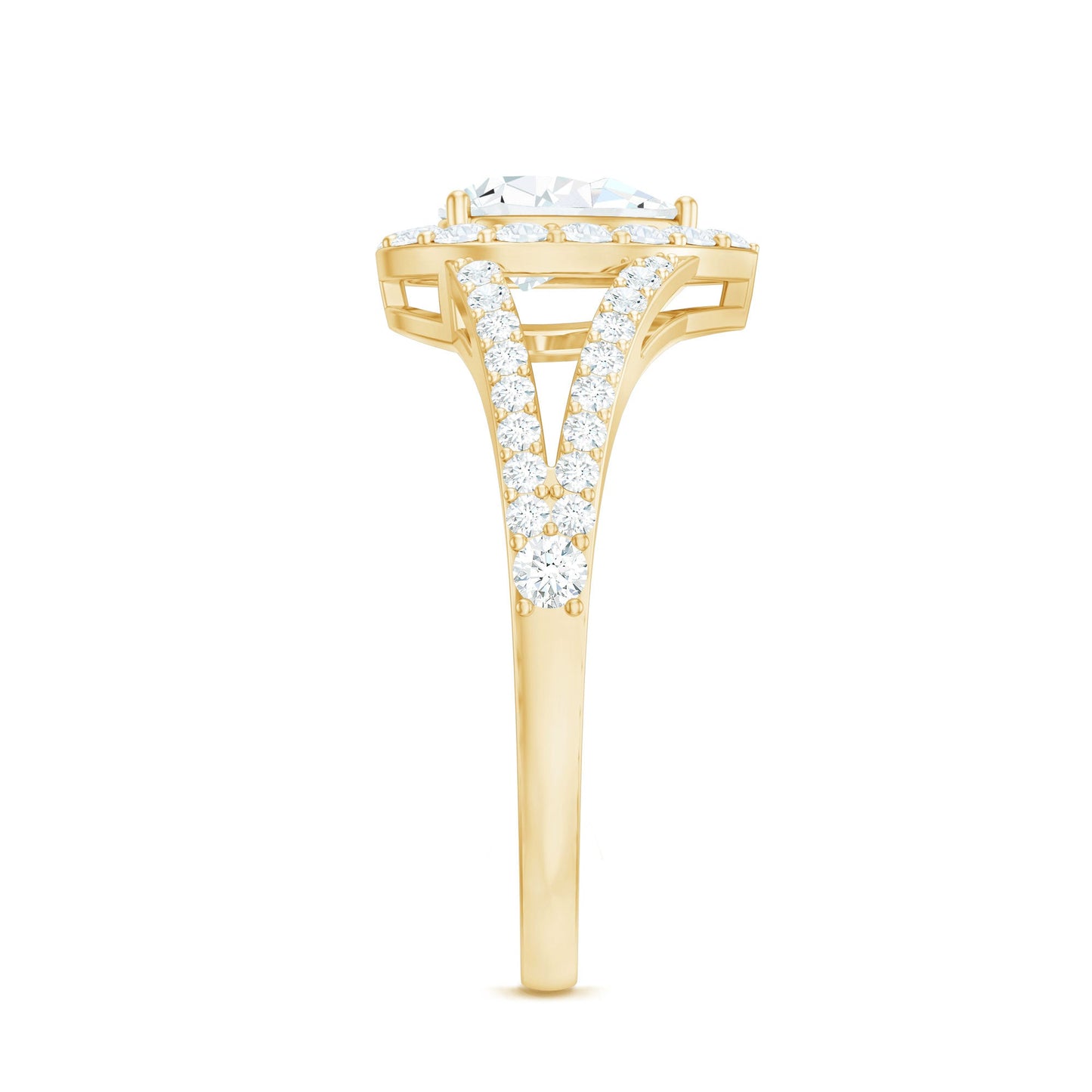Pear Shape Cubic Zirconia Halo Engagement Ring in Split Shank