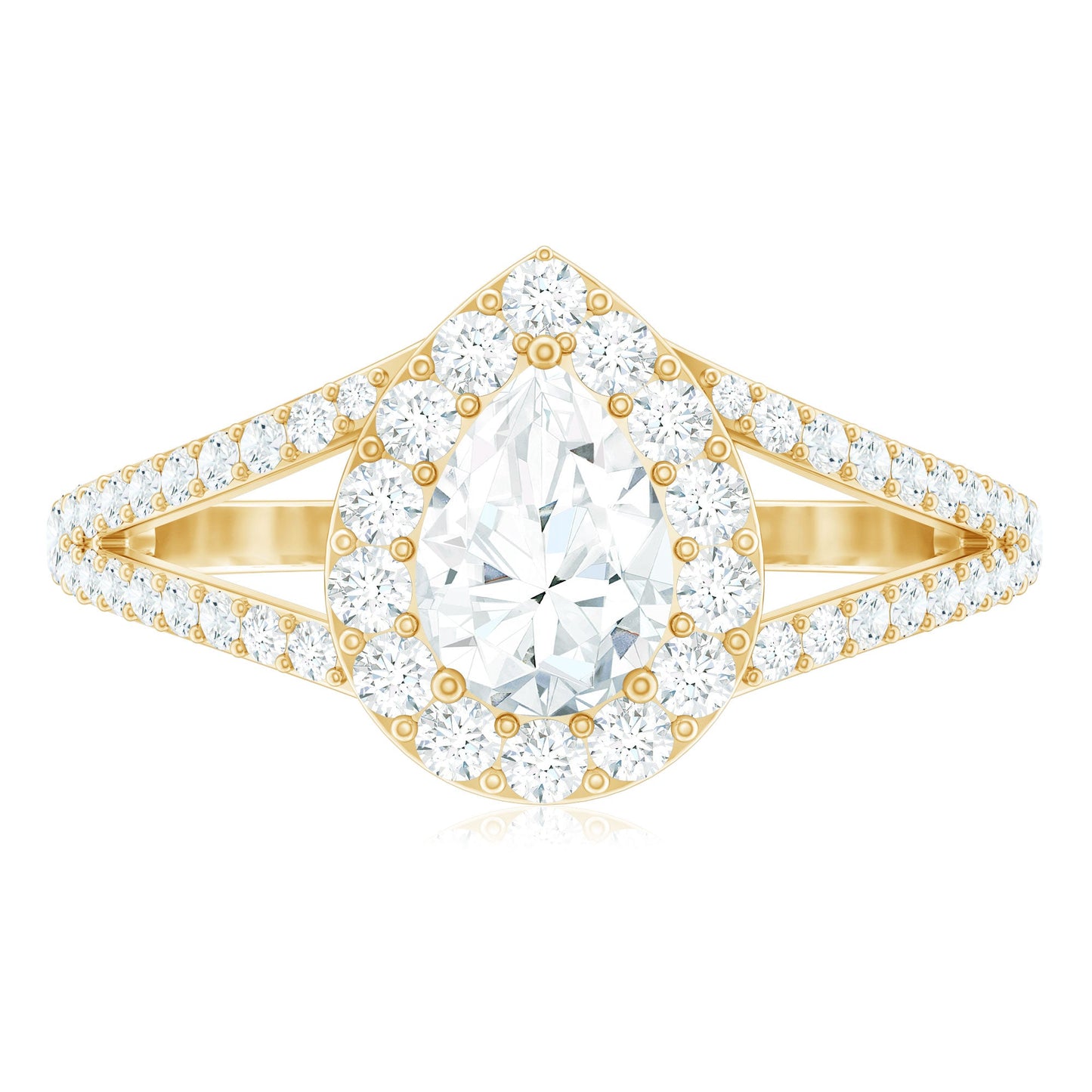 Pear Shape Cubic Zirconia Halo Engagement Ring in Split Shank