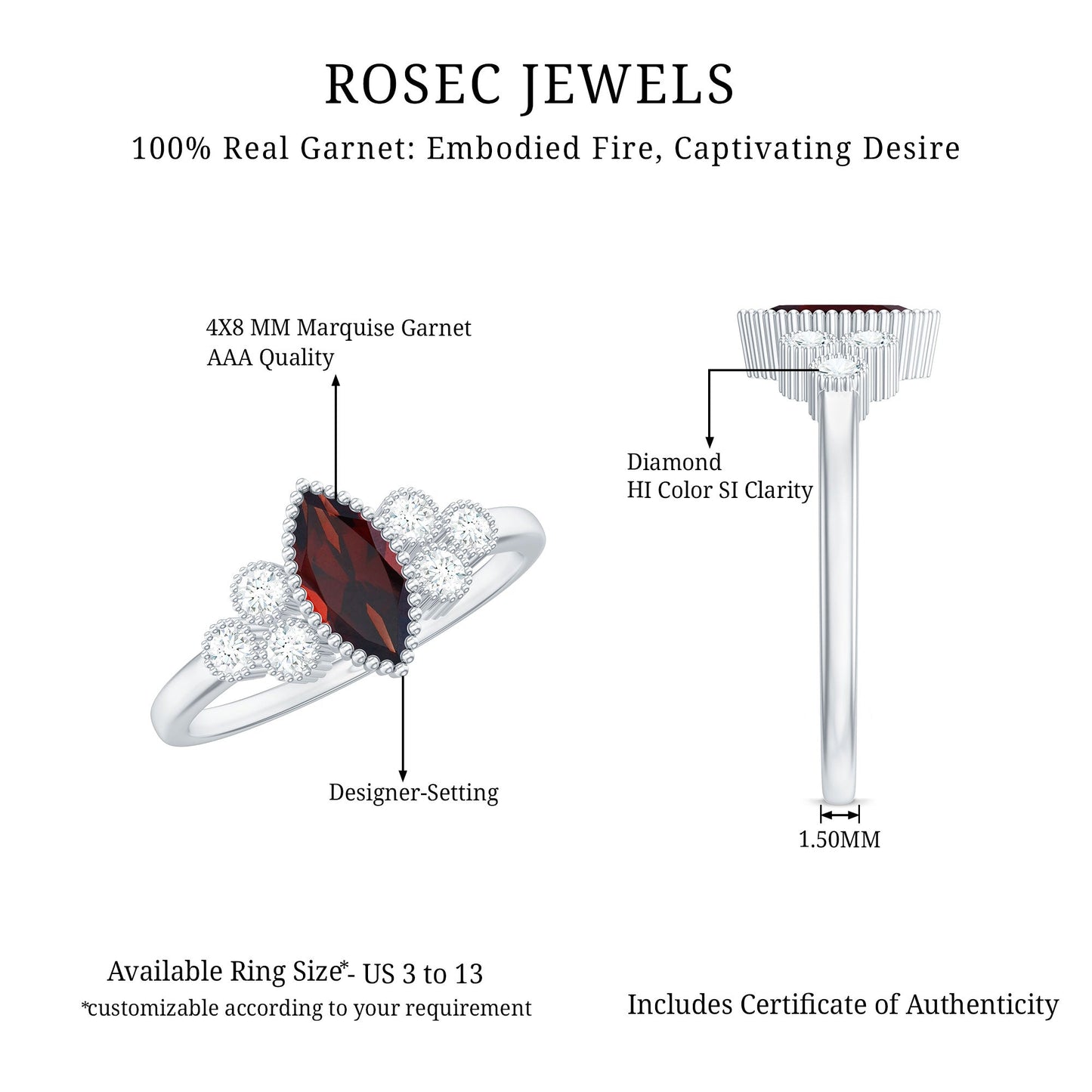 Natural 4X8mm Garnet Marquise Engagement Ring with Diamond