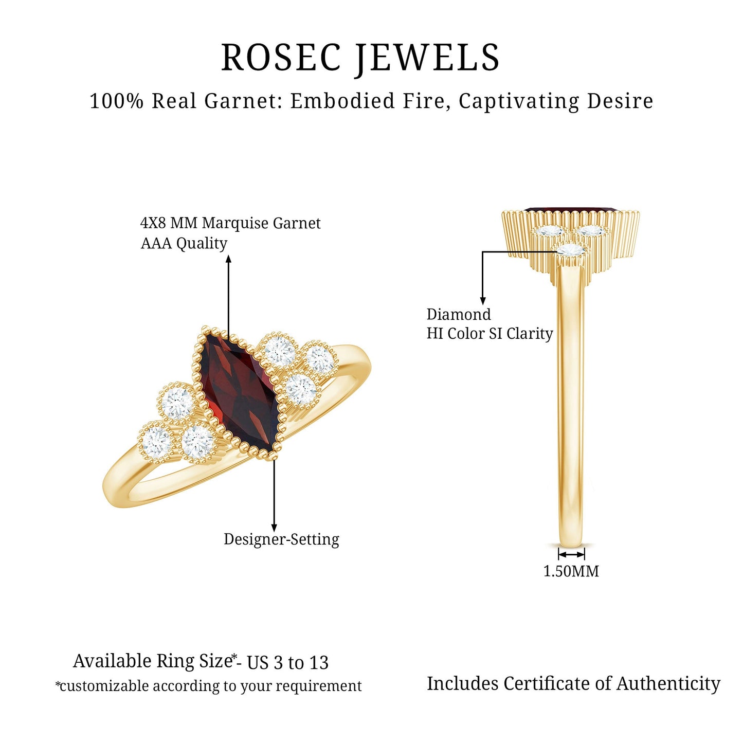 Natural 4X8mm Garnet Marquise Engagement Ring with Diamond