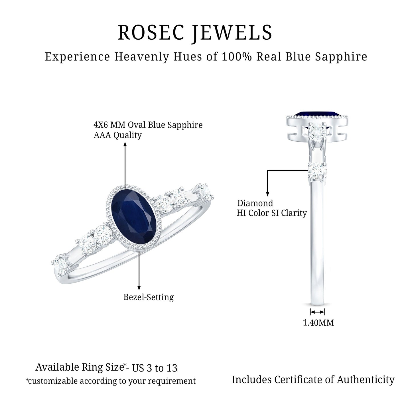 1 CT Oval Cut Blue Sapphire Solitaire Engagement Ring with Diamond