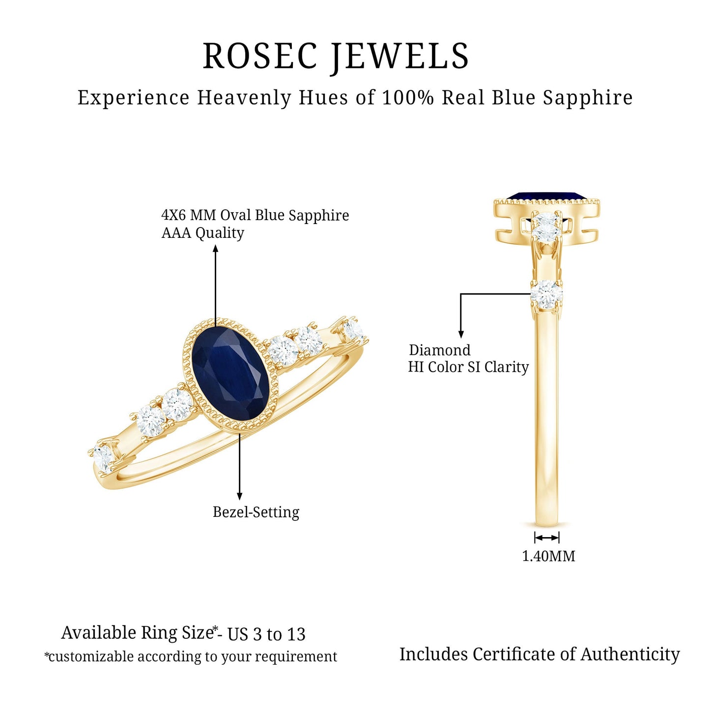 1 CT Oval Cut Blue Sapphire Solitaire Engagement Ring with Diamond