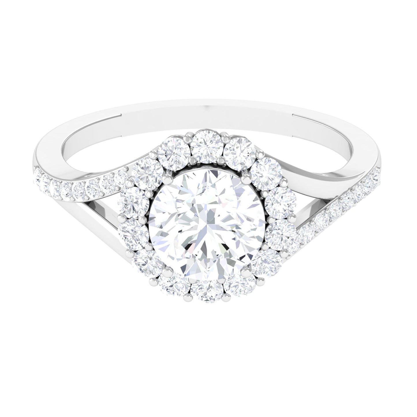 Round Zircon Halo Engagement Ring with Split Shank