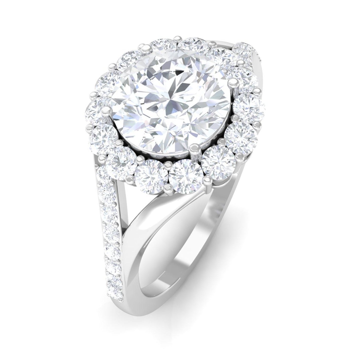 Round Zircon Halo Engagement Ring with Split Shank