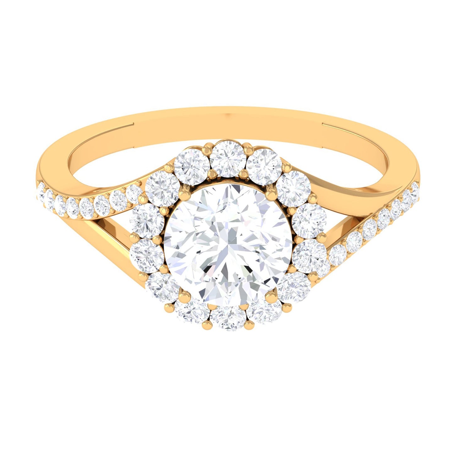 Round Zircon Halo Engagement Ring with Split Shank