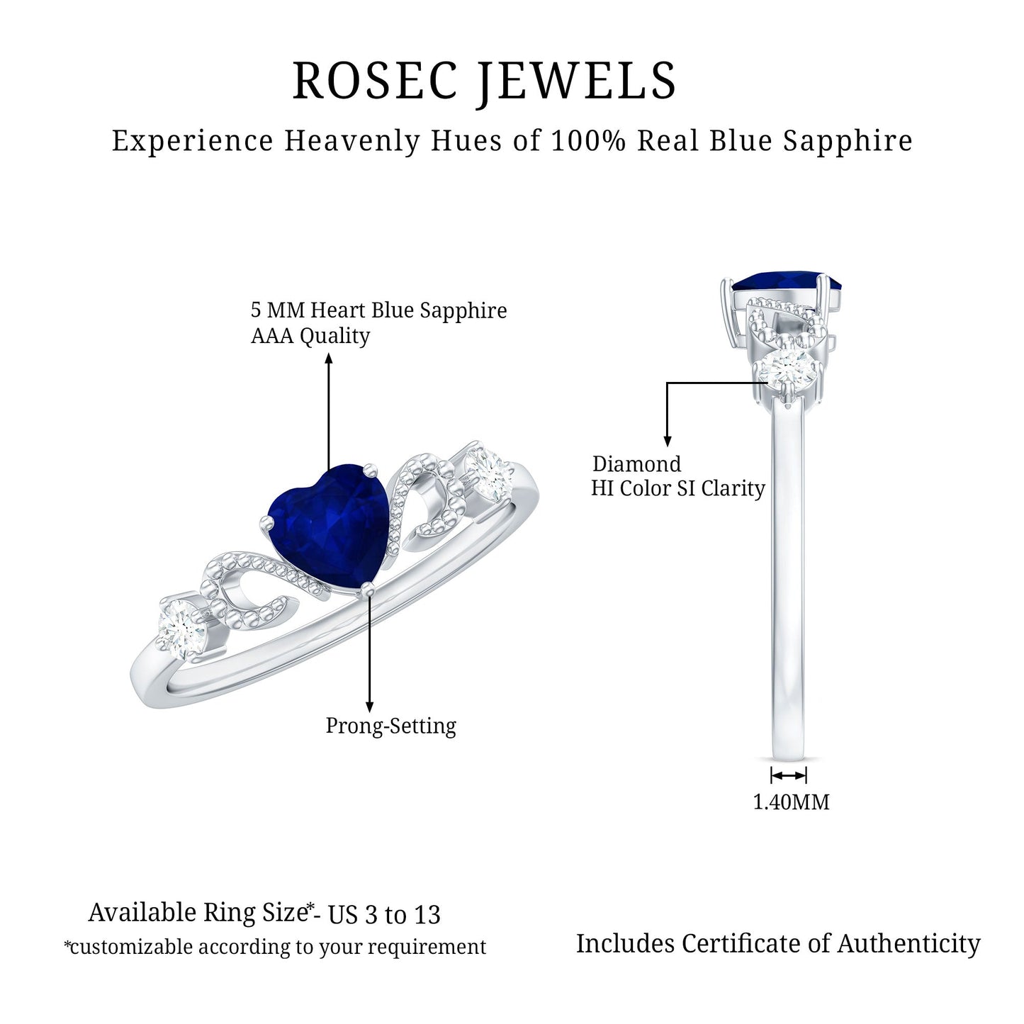 3/4 CT Minimal Blue Sapphire Heart Engagement Ring with Diamond