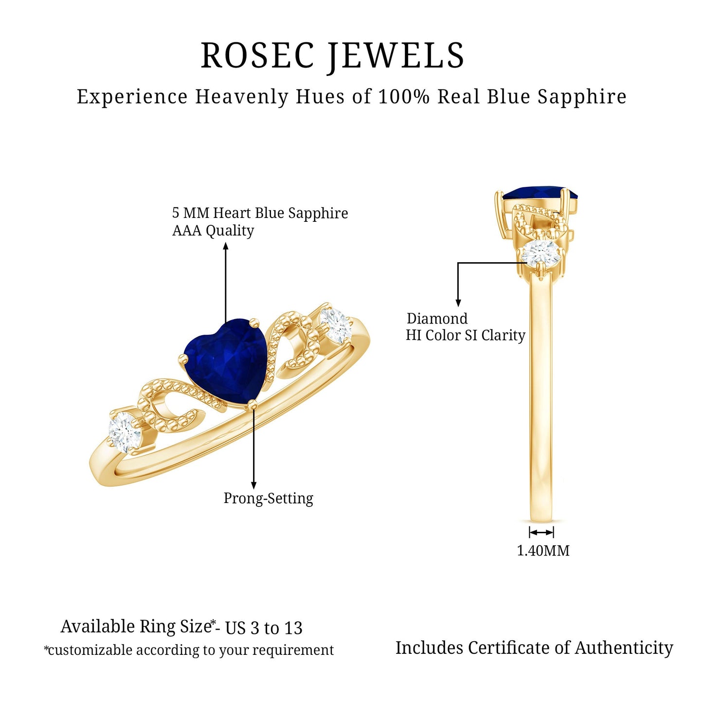 3/4 CT Minimal Blue Sapphire Heart Engagement Ring with Diamond