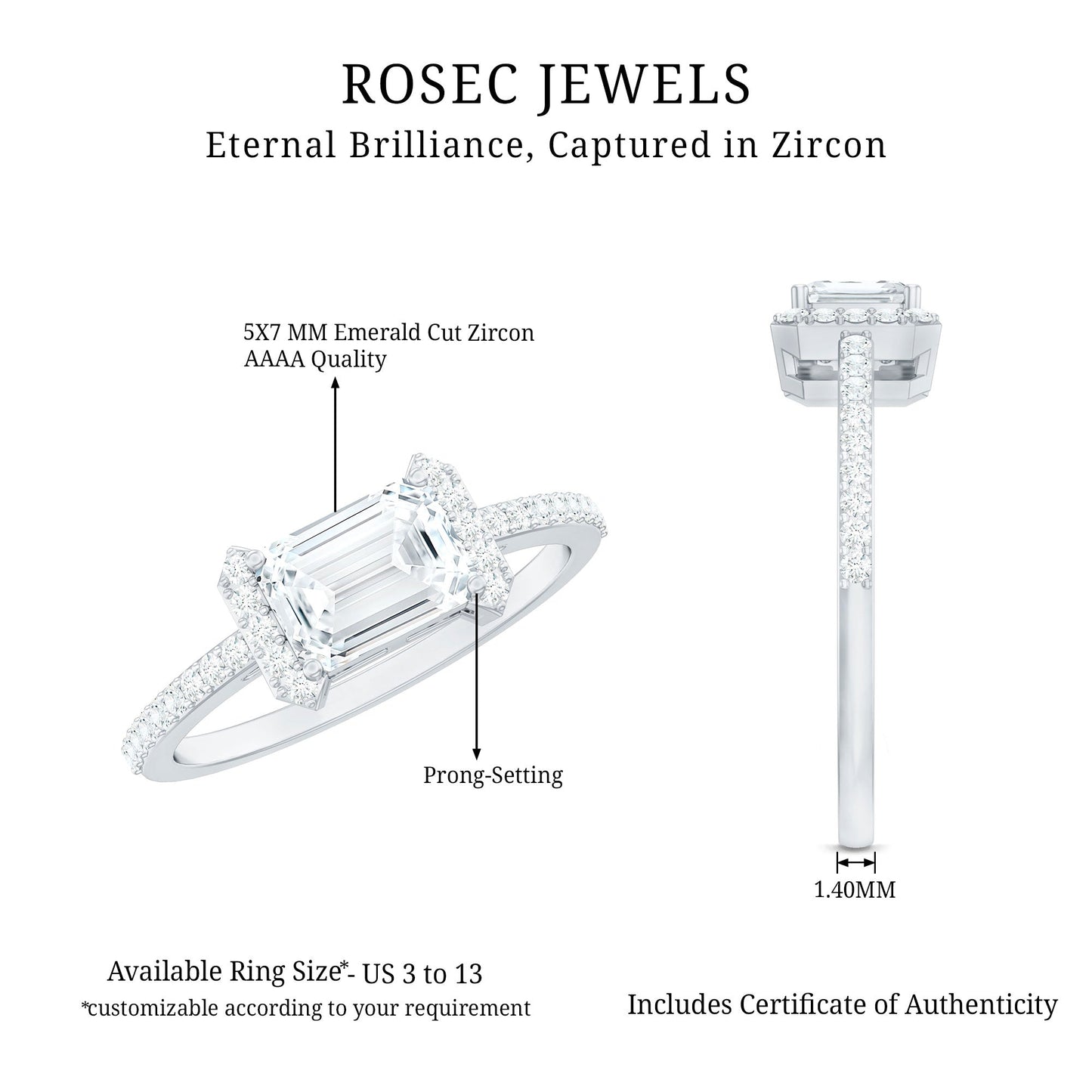 2 CT Octagon Cut Solitaire Zircon East West Engagement Ring