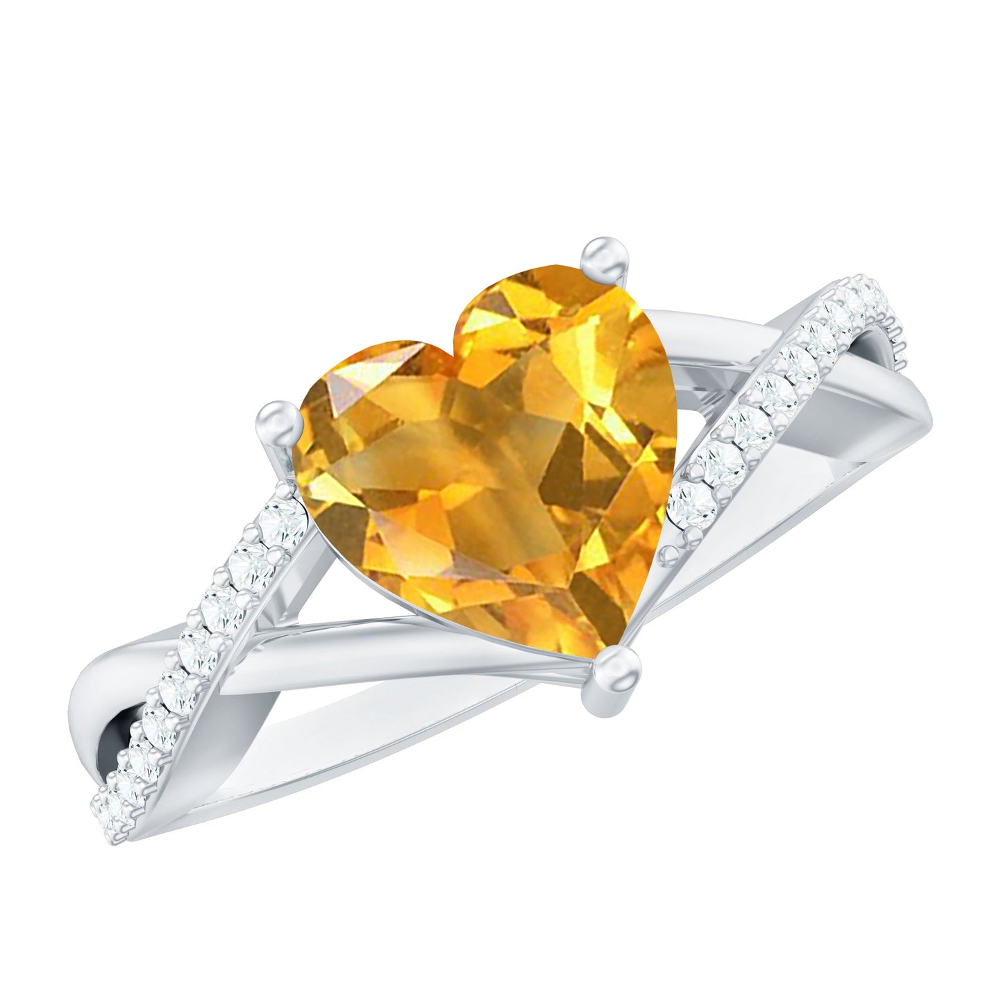 Natural 8mm Citrine Heart Engagement Ring with Diamond Crossover Shank