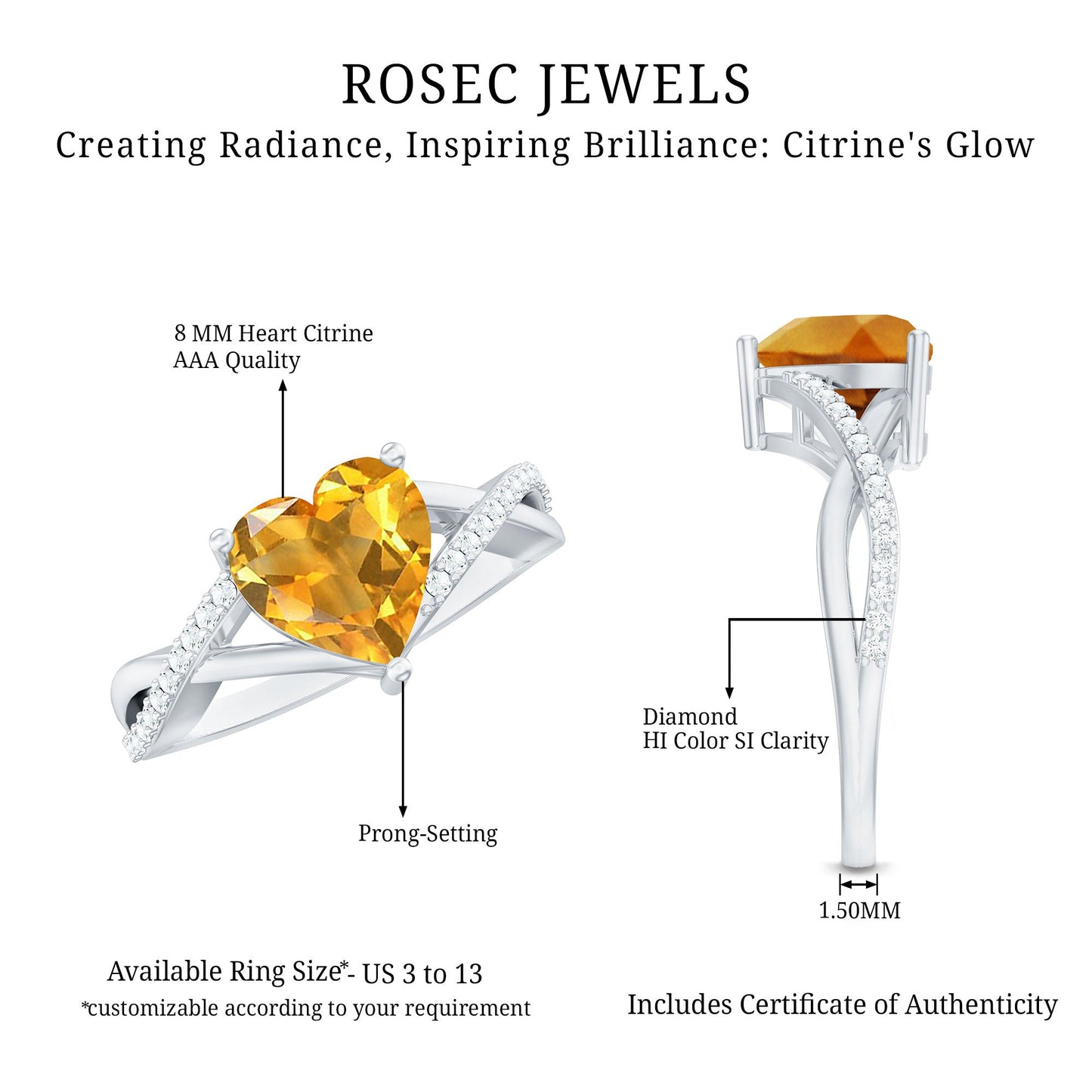 Natural 8mm Citrine Heart Engagement Ring with Diamond Crossover Shank