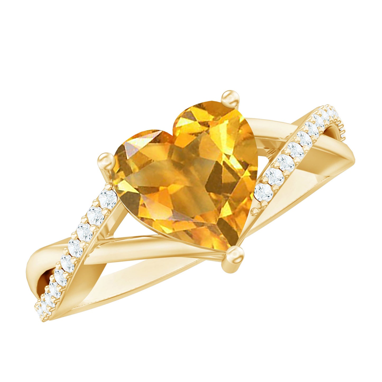 Natural 8mm Citrine Heart Engagement Ring with Diamond Crossover Shank