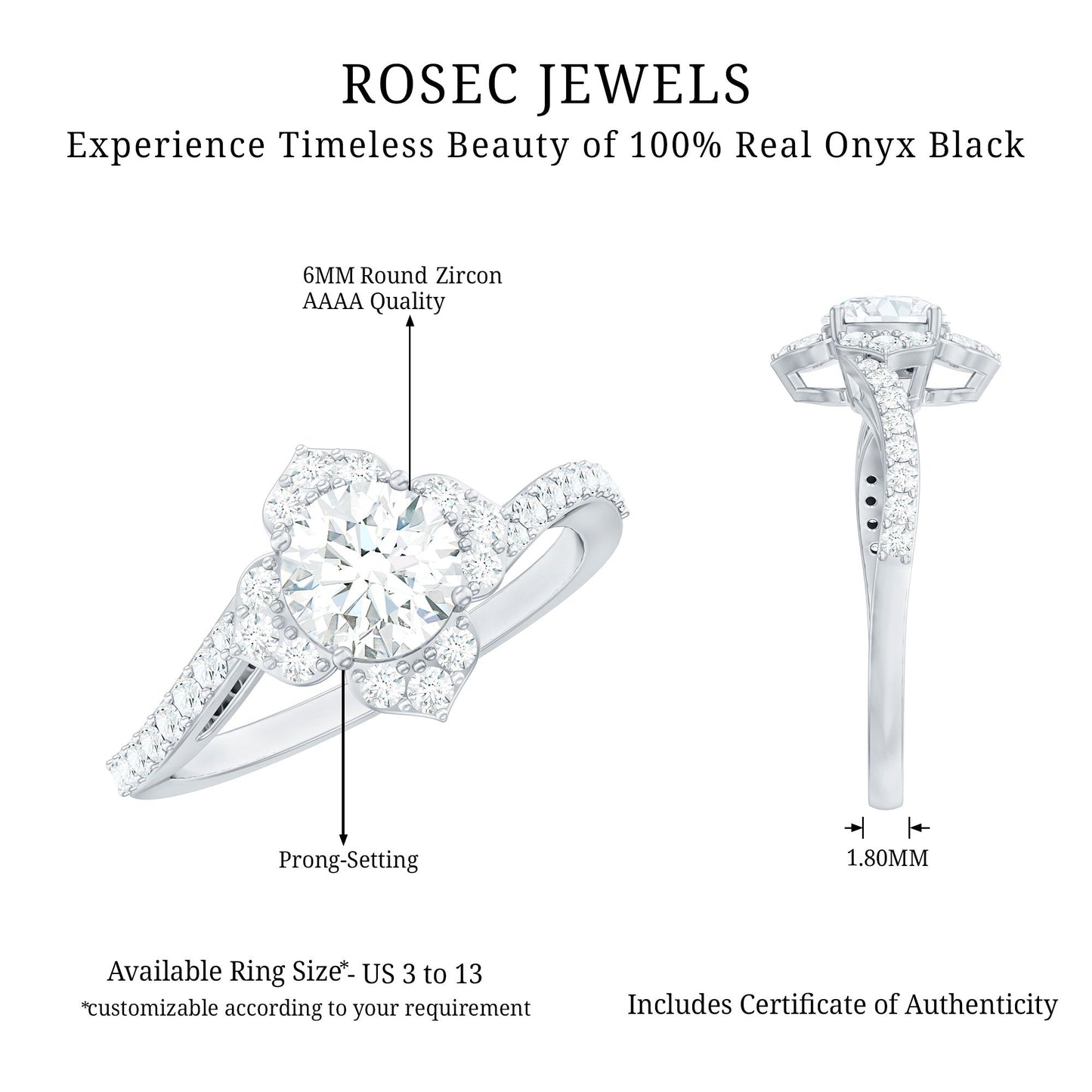 1.75 CT Bypass Shank Round Zircon Flower Engagement Ring