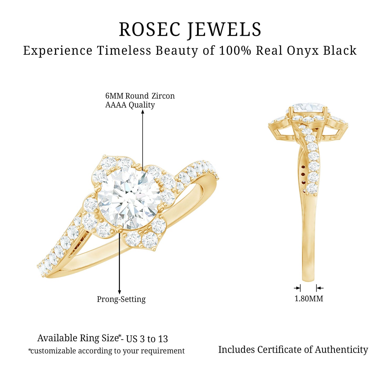1.75 CT Bypass Shank Round Zircon Flower Engagement Ring