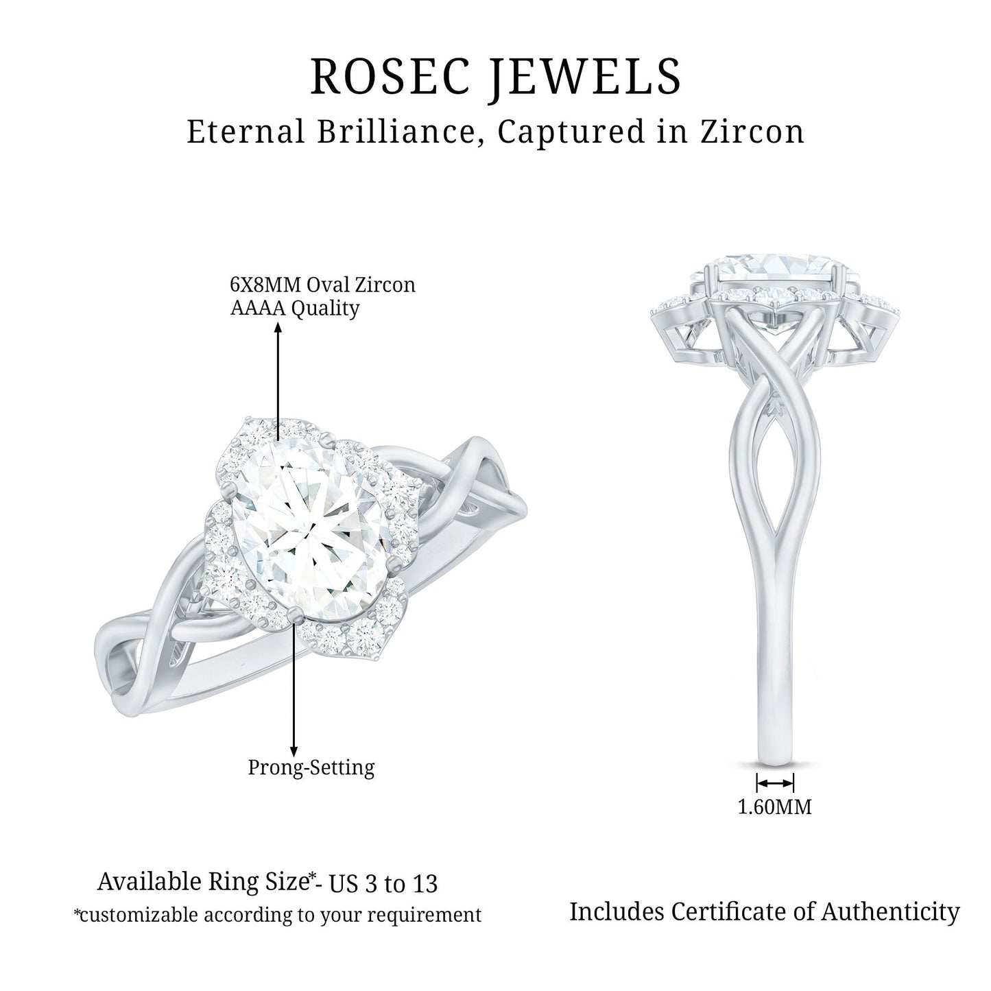 2.25 CT Crossover Shank Oval Zircon Flower Engagement Ring