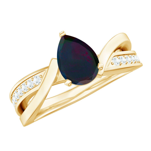 Pear Cut Solitaire Black Opal and Diamond Infinity Engagement Ring