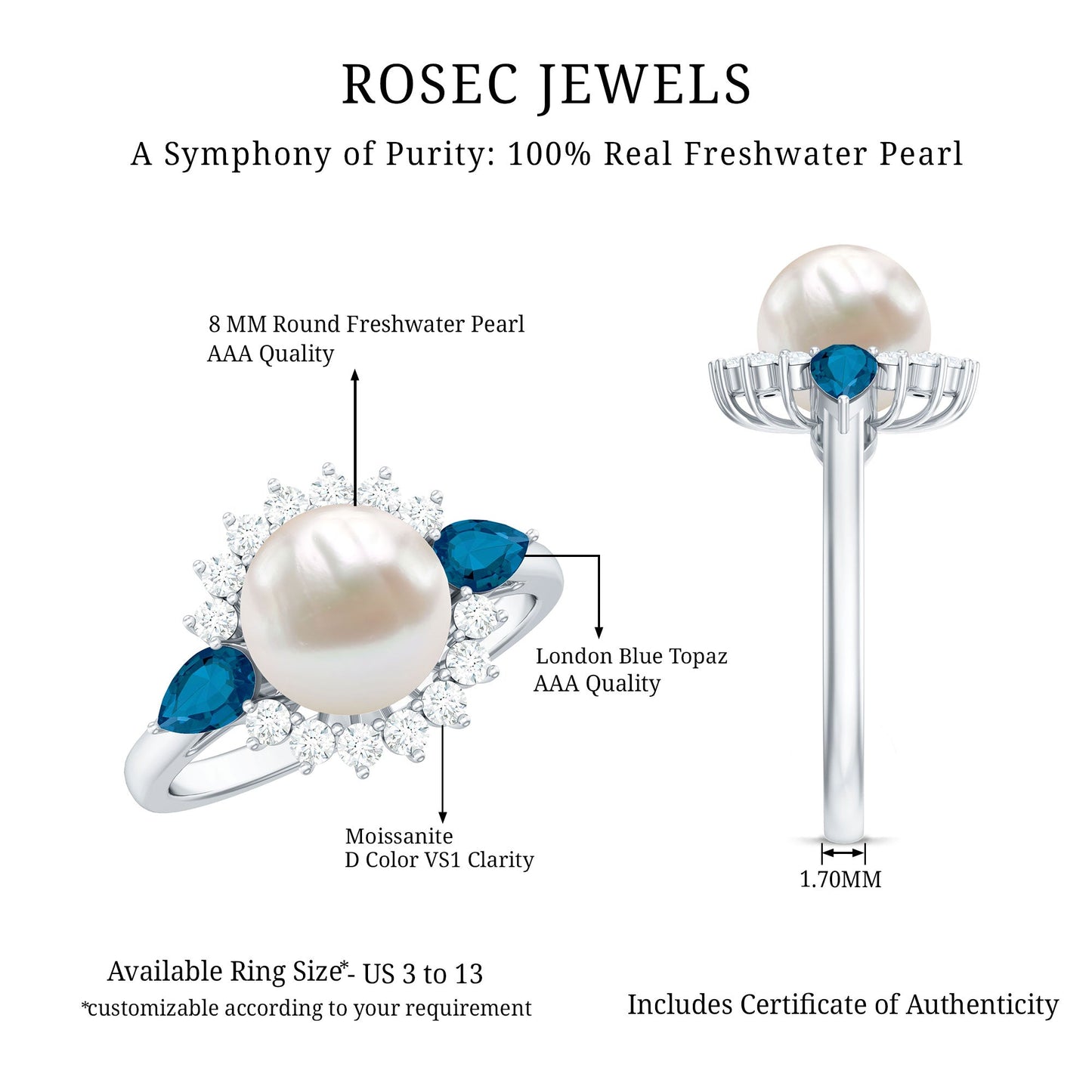 Freshwater Cultured Pearl Designer Engagement Ring with Blue Topaz