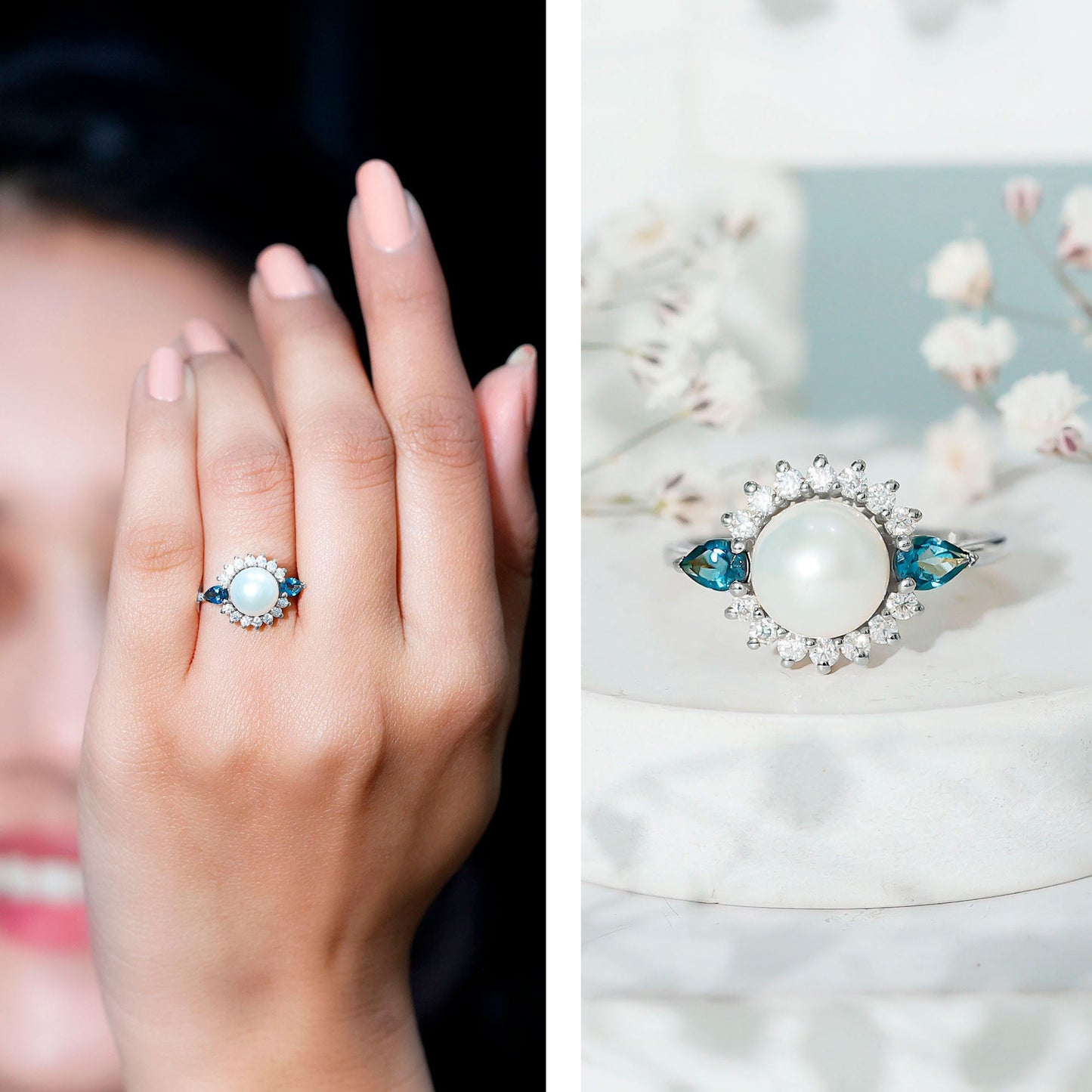 Freshwater Cultured Pearl Designer Engagement Ring with Blue Topaz