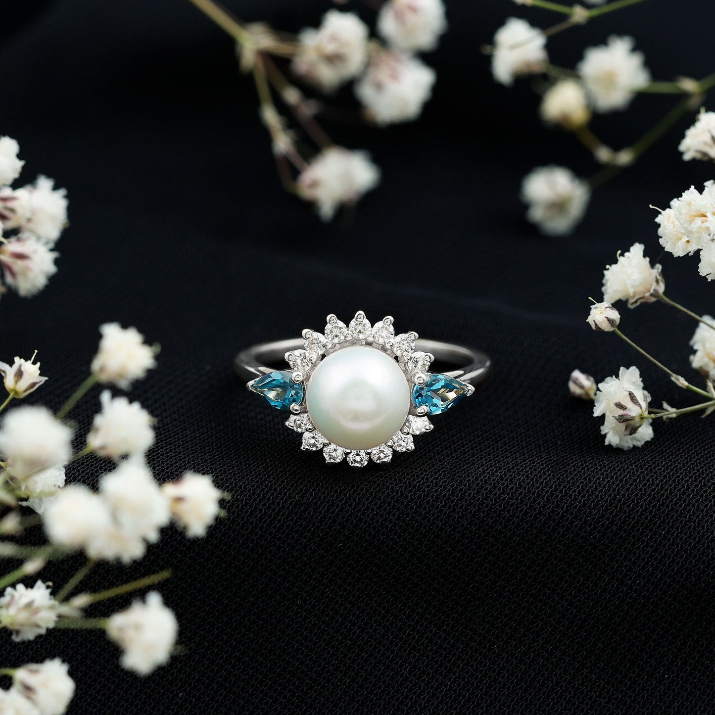 Freshwater Cultured Pearl Designer Engagement Ring with Blue Topaz