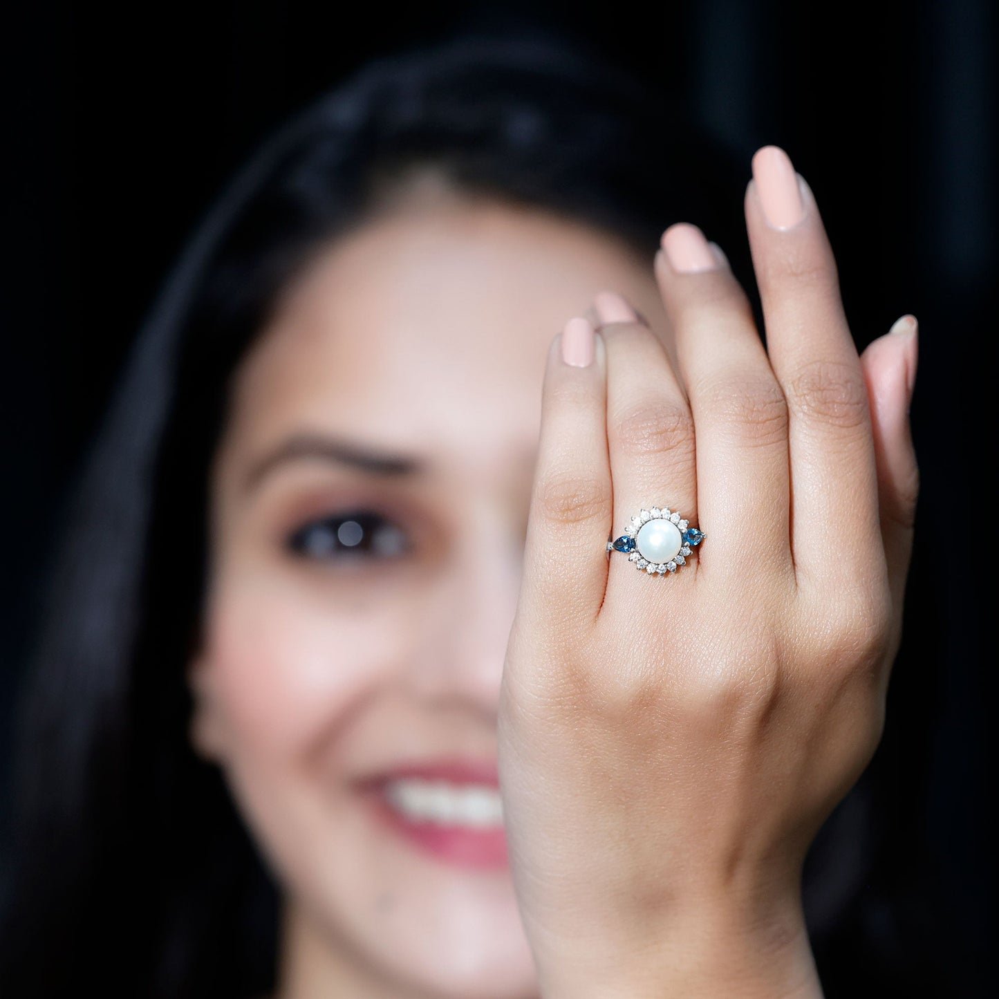 Freshwater Cultured Pearl Designer Engagement Ring with Blue Topaz