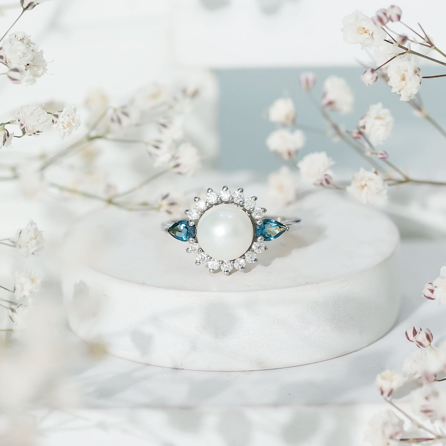 Freshwater Cultured Pearl Designer Engagement Ring with Blue Topaz