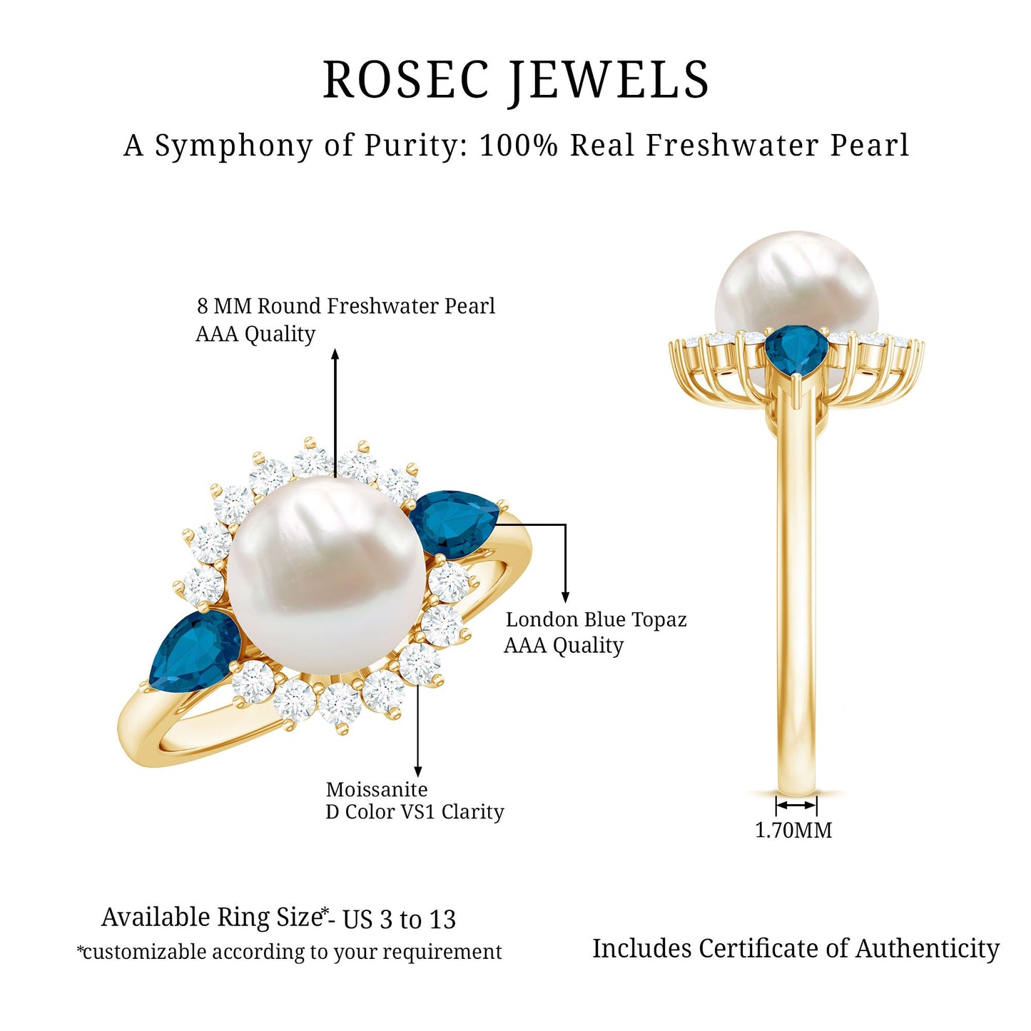 Freshwater Cultured Pearl Designer Engagement Ring with Blue Topaz