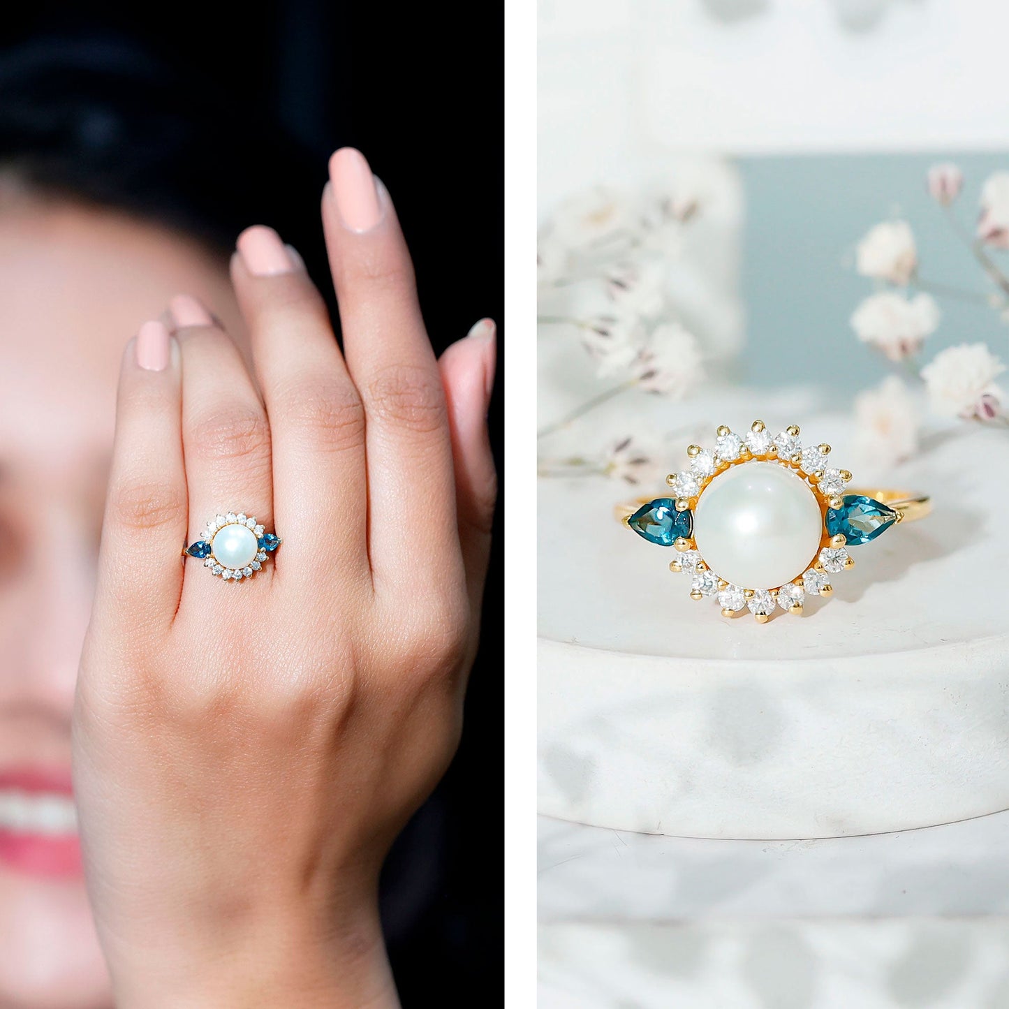Freshwater Cultured Pearl Designer Engagement Ring with Blue Topaz