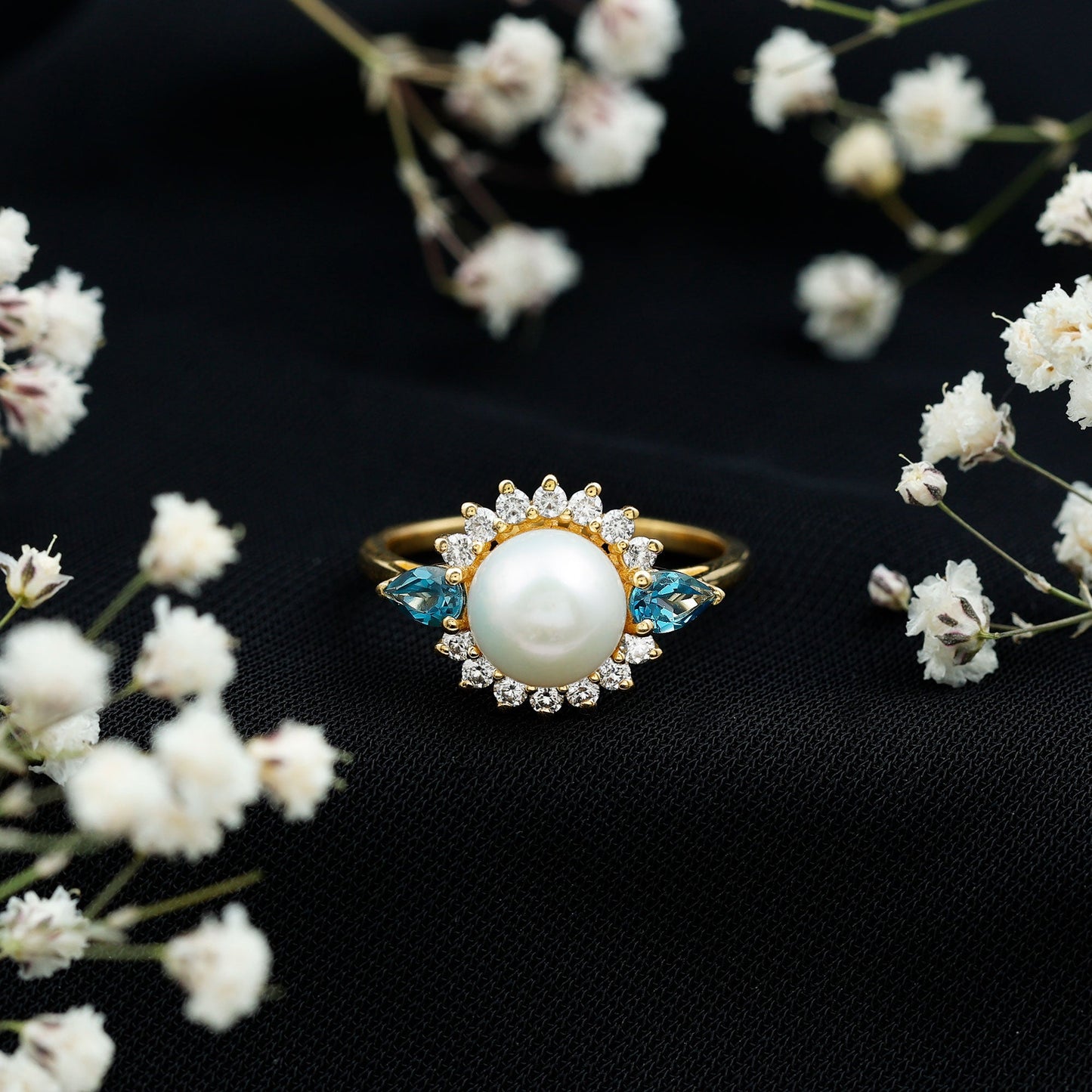 Freshwater Cultured Pearl Designer Engagement Ring with Blue Topaz